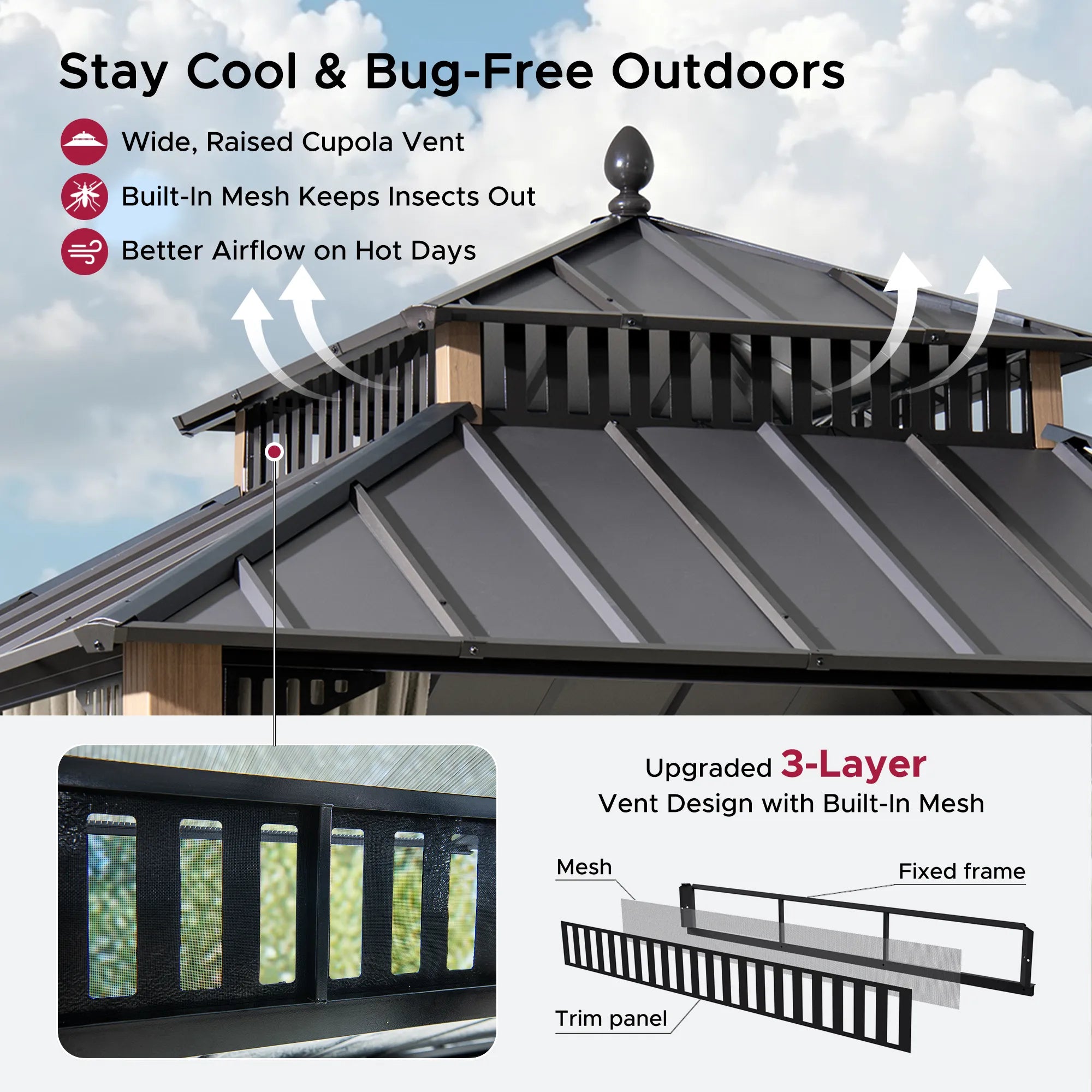 SUNJOY Kingston 10x10 Gazebo with Netting & Curtain | Steel Roof - Woodgrain Aluminum Posts