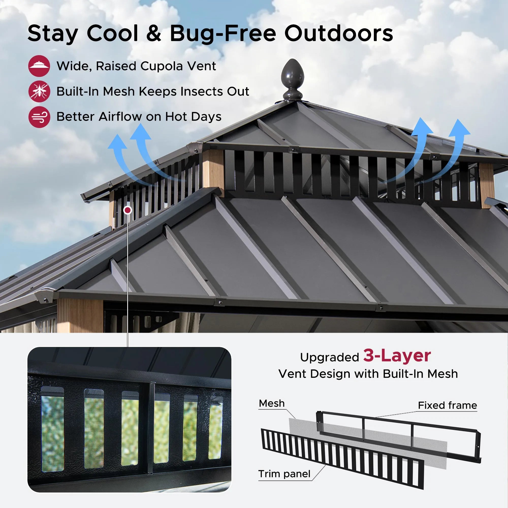 SUNJOY Kingston 10x10 Gazebo with Netting & Curtain | Steel Roof - Woodgrain Aluminum Posts