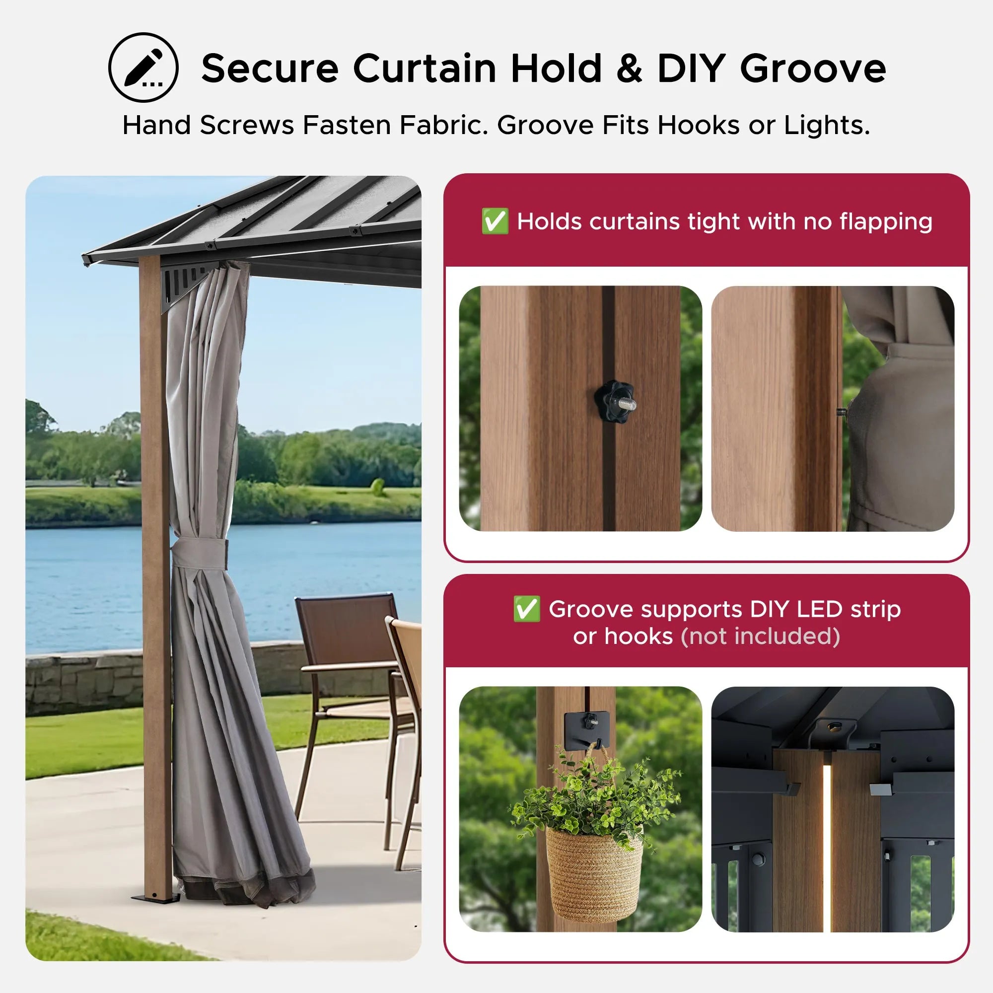 SUNJOY Kingston 10x10 Gazebo with Netting & Curtain | Steel Roof - Woodgrain Aluminum Posts