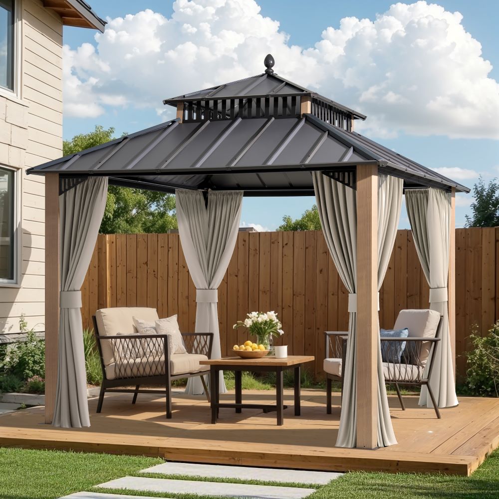 SUNJOY Kingston 10x10 Gazebo with Netting & Curtain | Steel Roof - Woodgrain Aluminum Posts