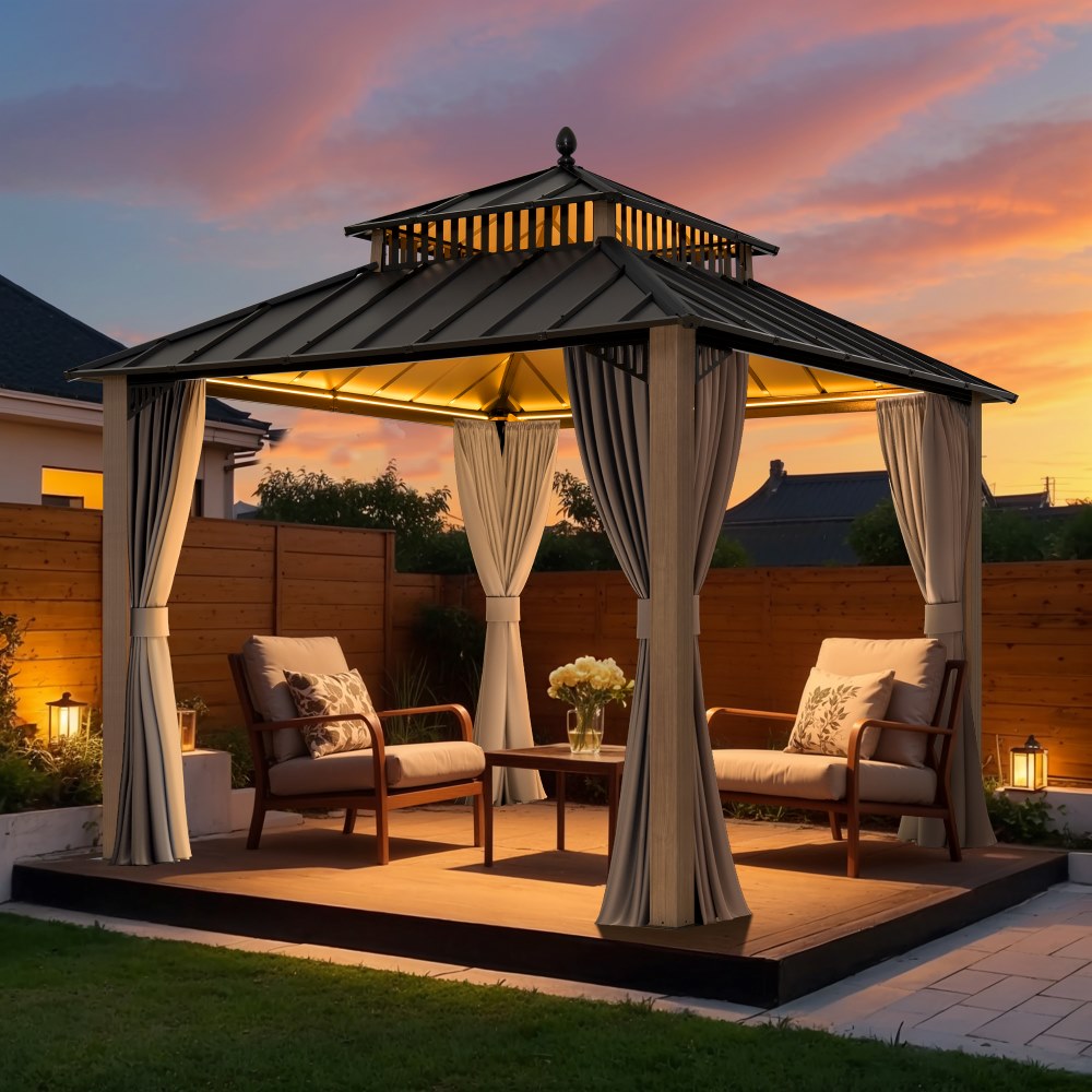 SUNJOY Kingston 10x10 Gazebo with Netting & Curtain | Steel Roof - Woodgrain Aluminum Posts