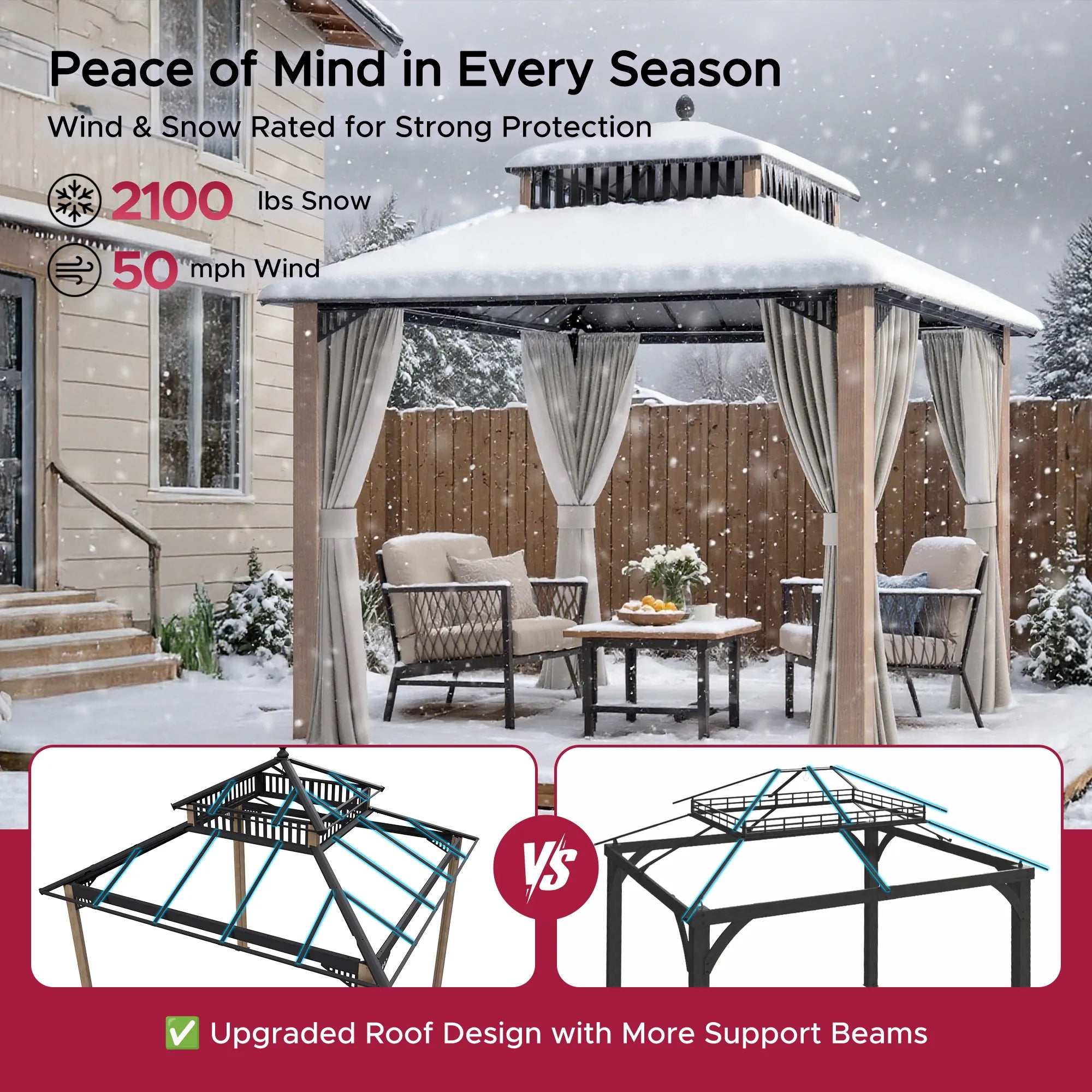 SUNJOY Kingston 10x10 Gazebo with Netting & Curtain | Steel Roof - Woodgrain Aluminum Posts
