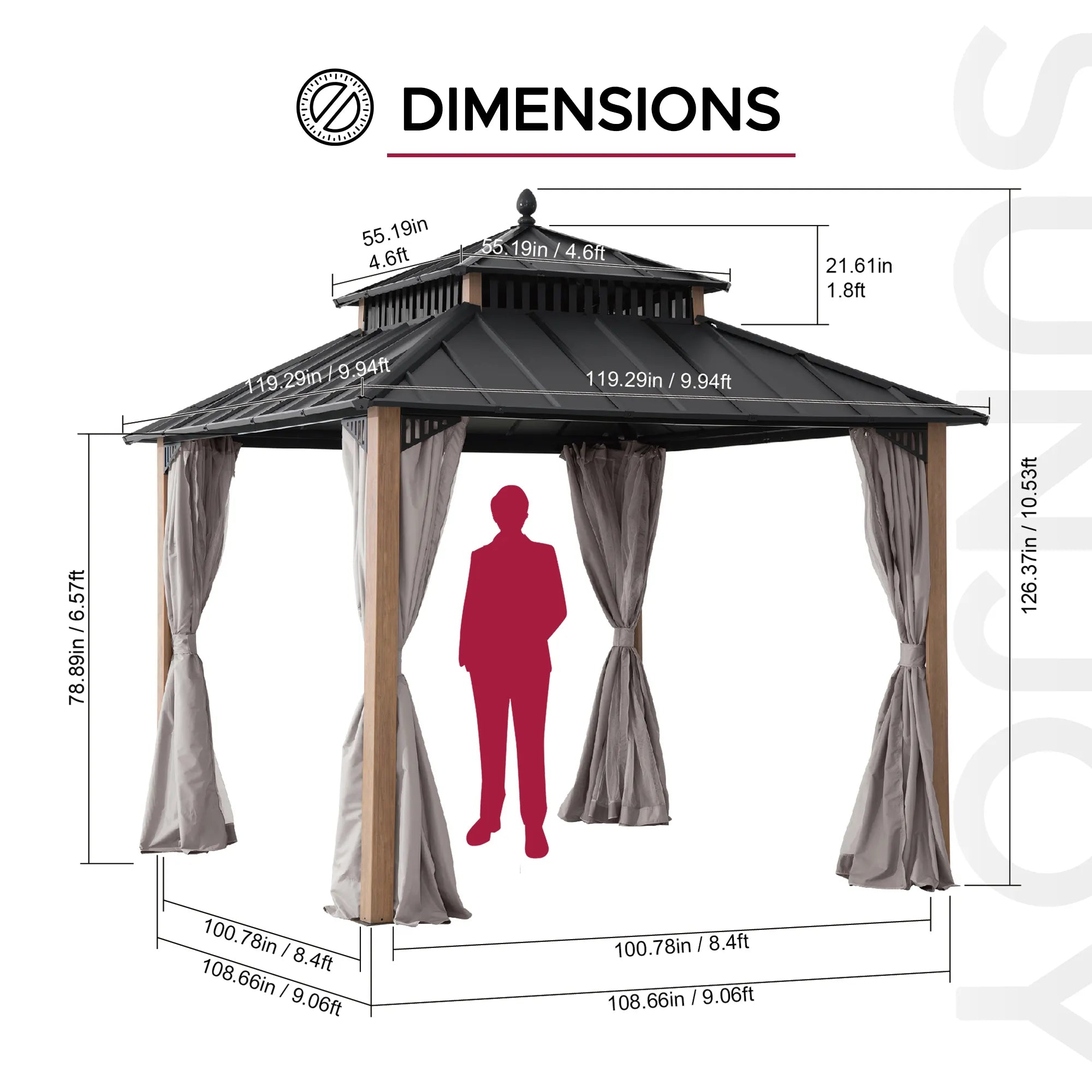 SUNJOY Kingston 10x10 Gazebo with Netting & Curtain | Steel Roof - Woodgrain Aluminum Posts