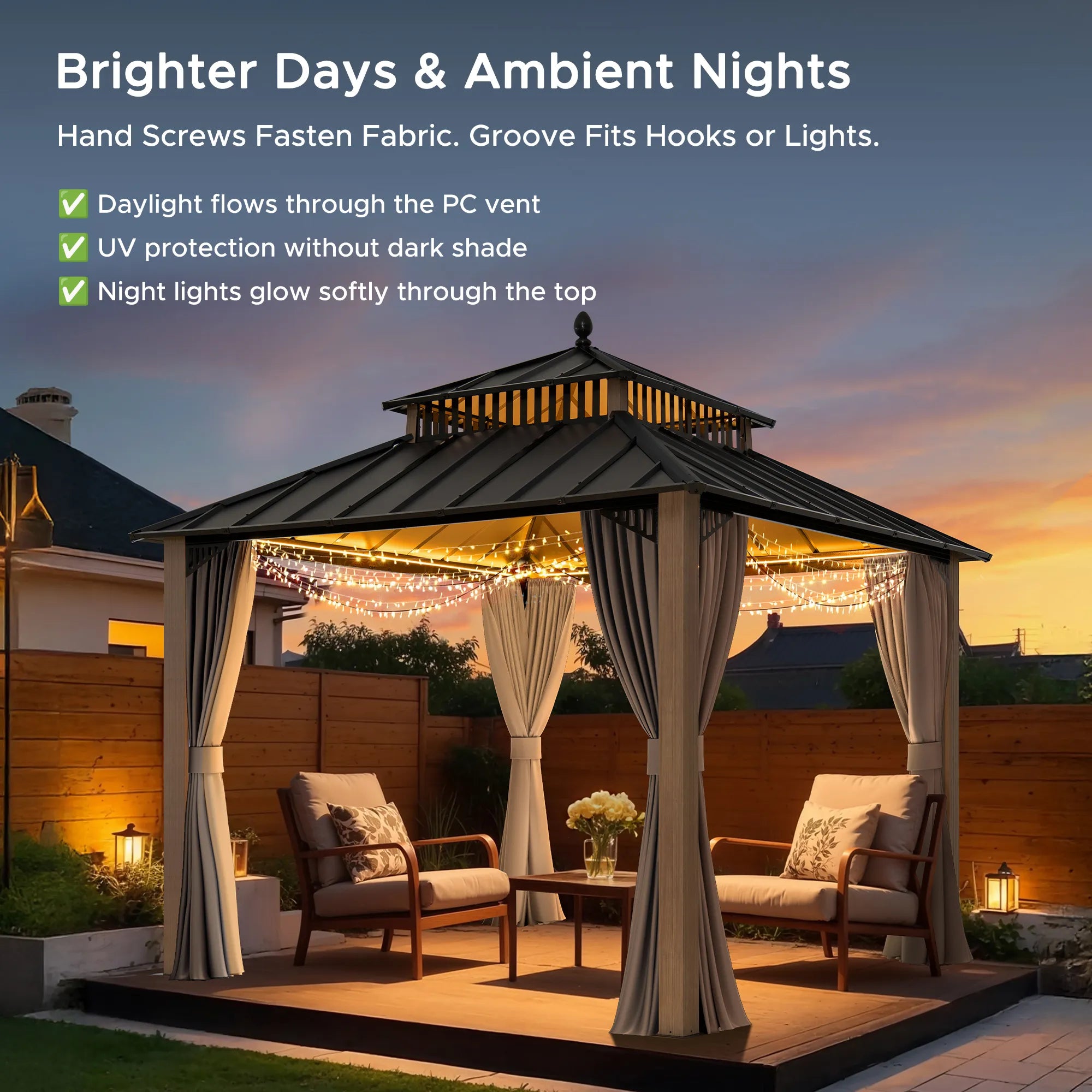 SUNJOY Kingston 10x10 Gazebo with Netting & Curtain | Steel Roof - Woodgrain Aluminum Posts