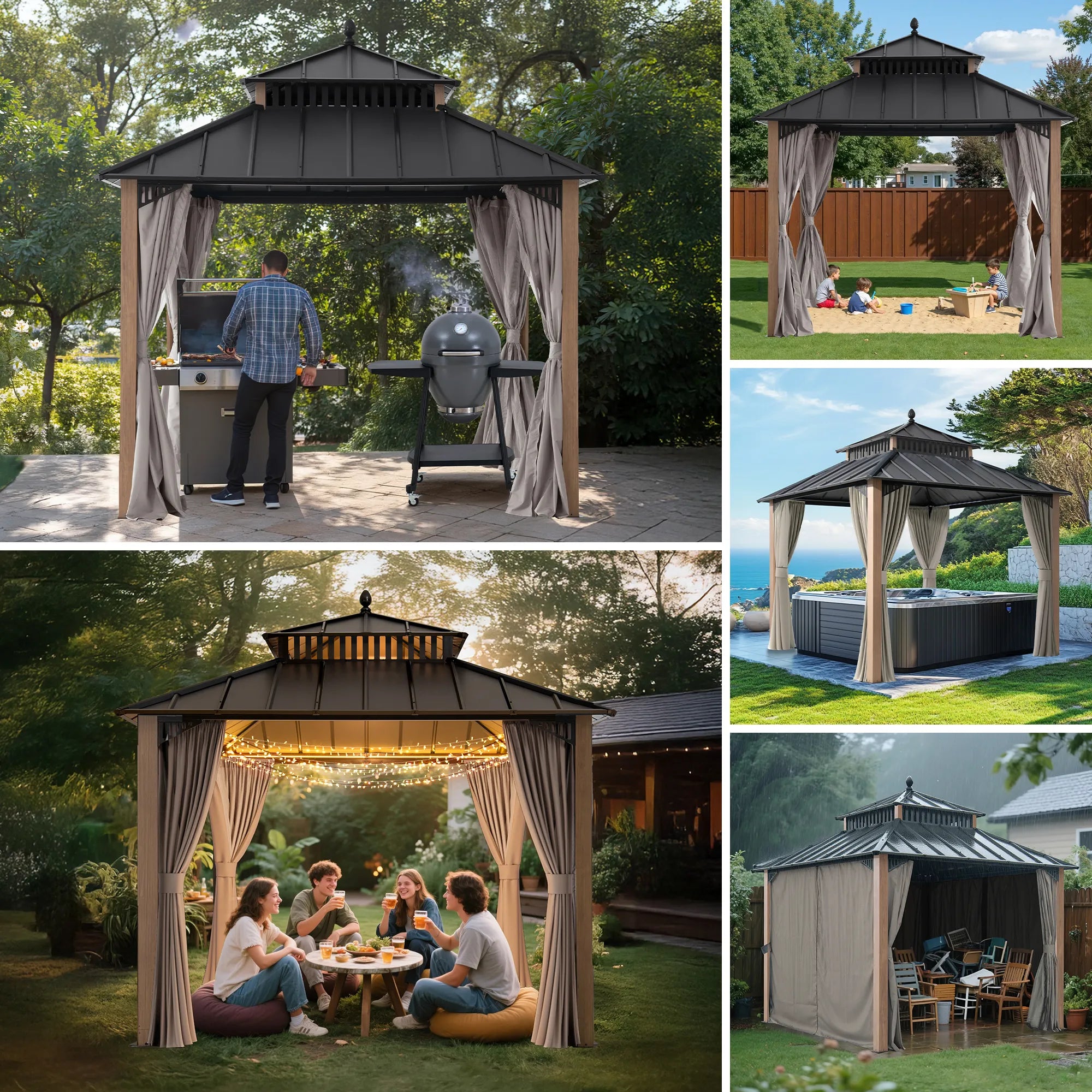 SUNJOY Kingston 10x10 Gazebo with Netting & Curtain | Steel Roof - Woodgrain Aluminum Posts