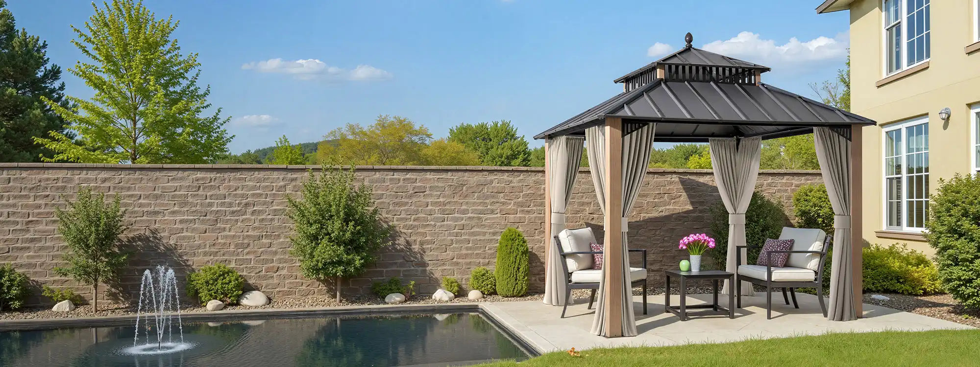 SUNJOY Kingston 10x10 Gazebo with Netting & Curtain | Steel Roof - Woodgrain Aluminum Posts