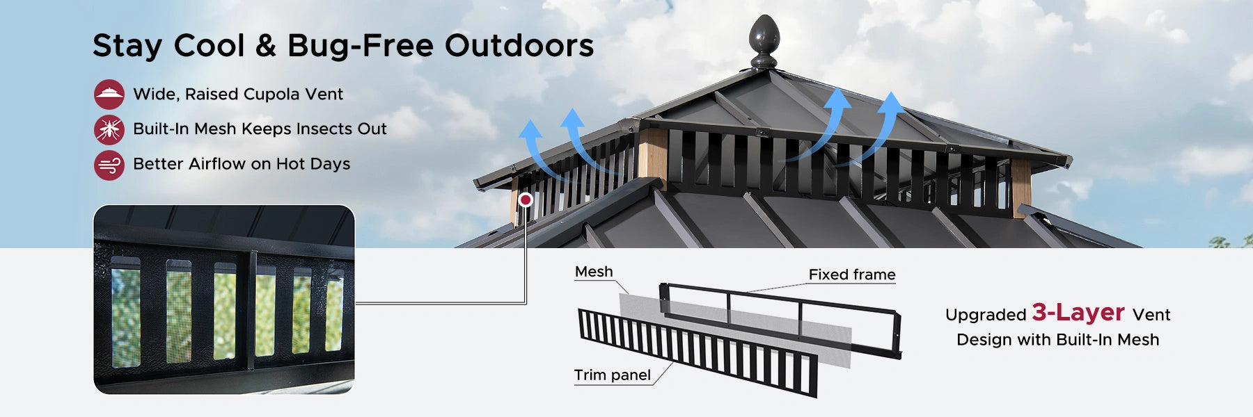 SUNJOY Kingston 10x10 Gazebo with Netting & Curtain | Steel Roof - Woodgrain Aluminum Posts