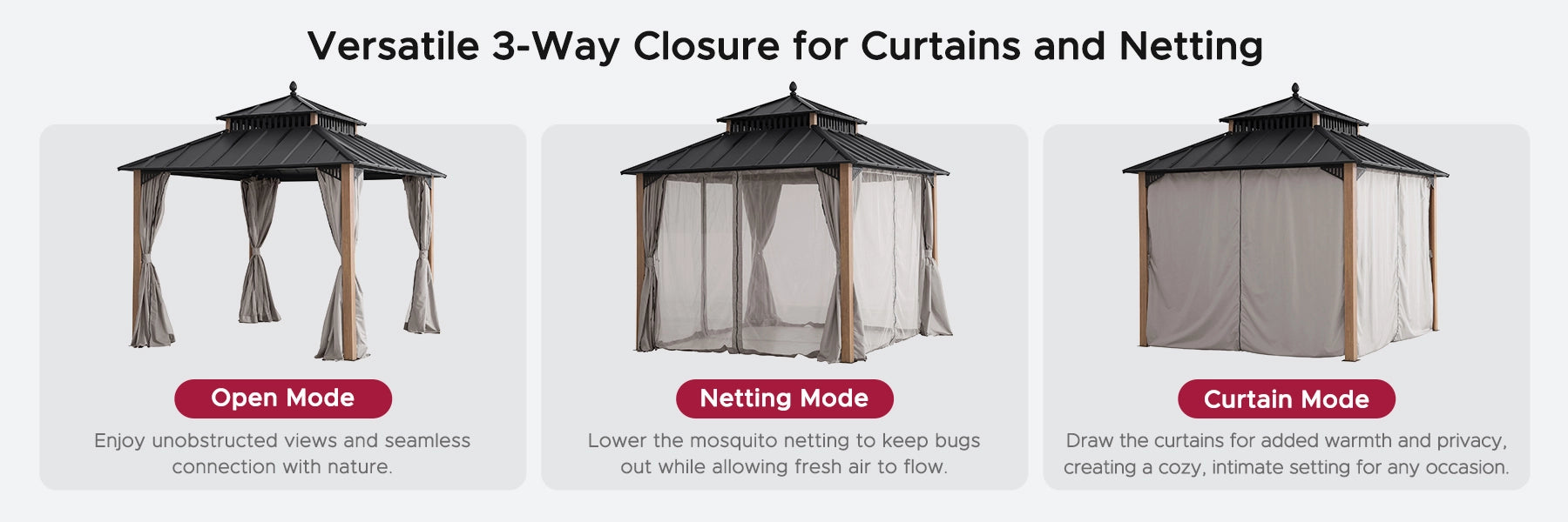 SUNJOY Kingston 10x10 Gazebo with Netting & Curtain | Steel Roof - Woodgrain Aluminum Posts