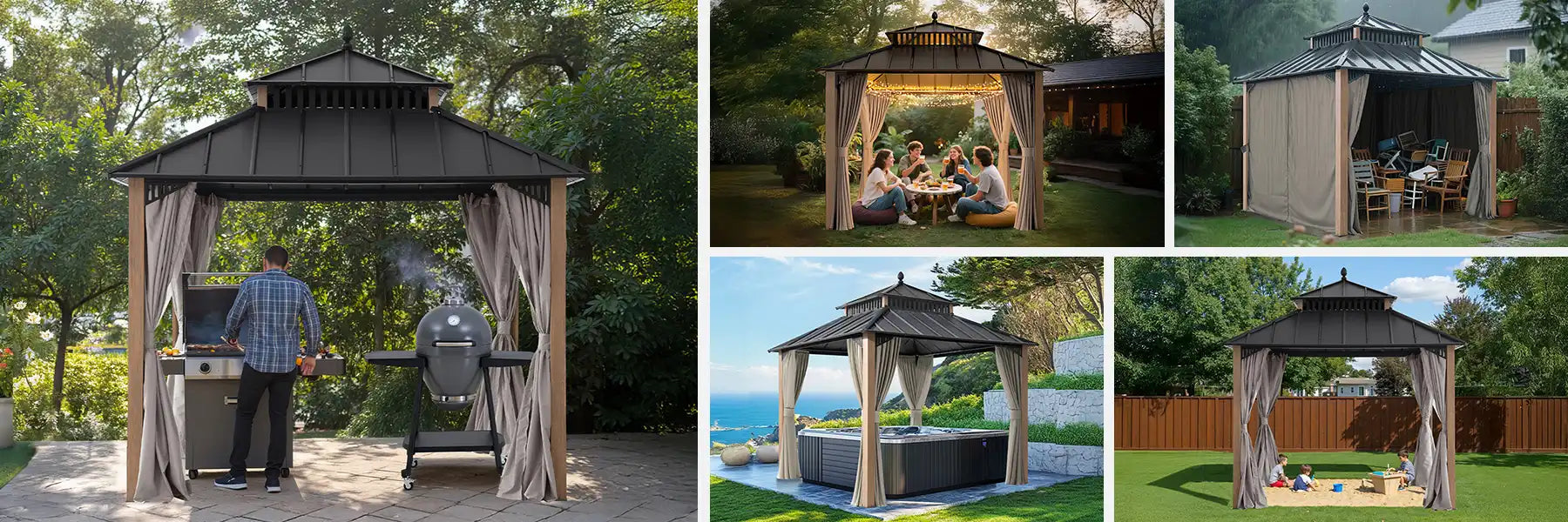 SUNJOY Kingston 10x10 Gazebo with Netting & Curtain | Steel Roof - Woodgrain Aluminum Posts