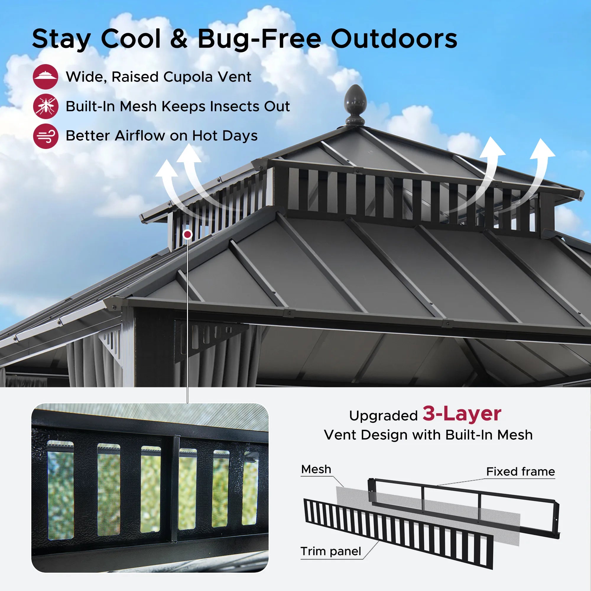 SUNJOY Kingston 10x10 Gazebo with Netting & Curtain | Steel Roof - Gray Aluminum Posts