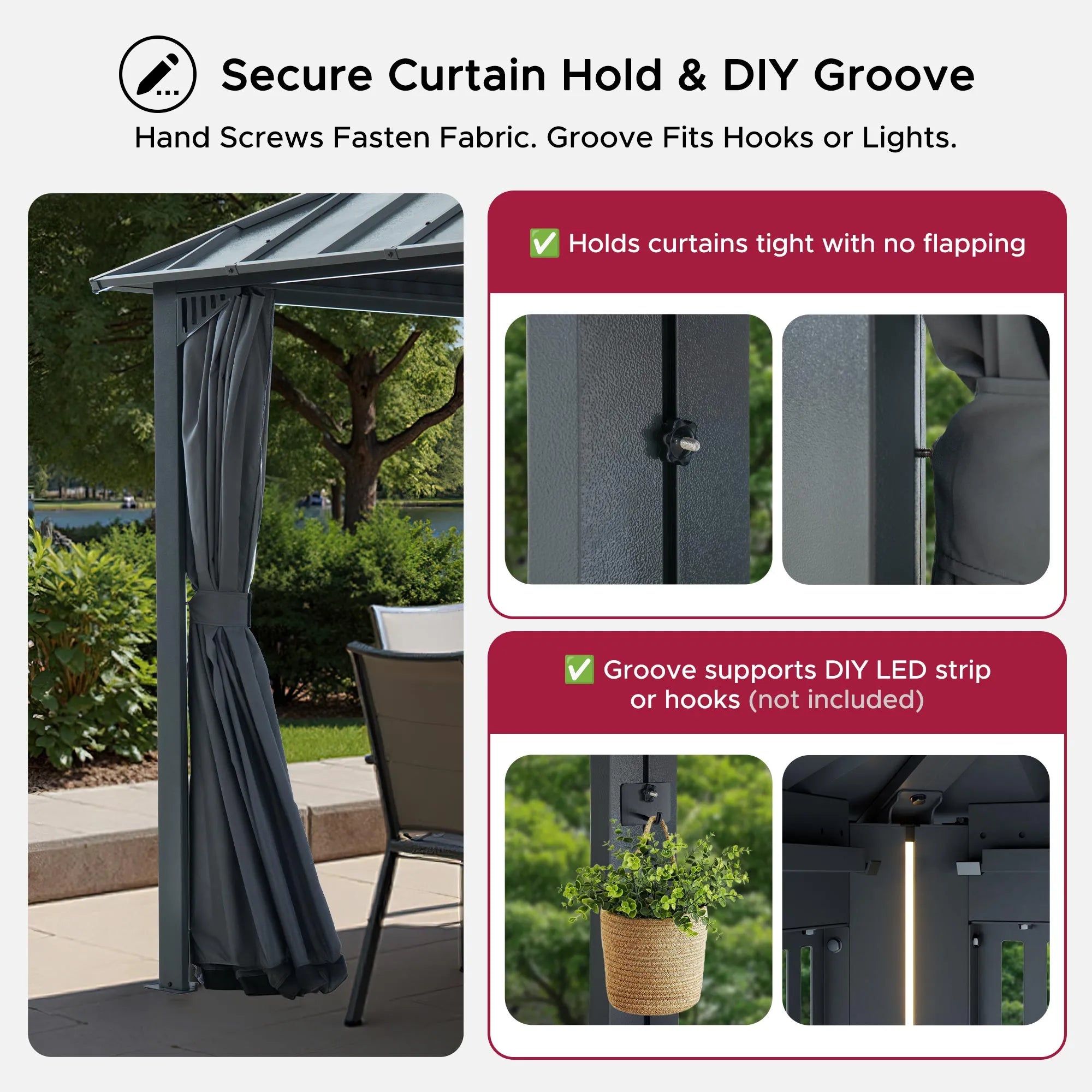 SUNJOY Kingston 10x10 Gazebo with Netting & Curtain | Steel Roof - Gray Aluminum Posts