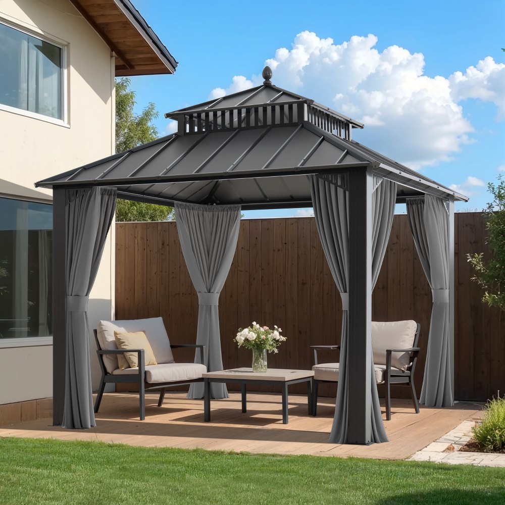 SUNJOY Kingston 10x10 Gazebo with Netting & Curtain | Steel Roof - Gray Aluminum Posts