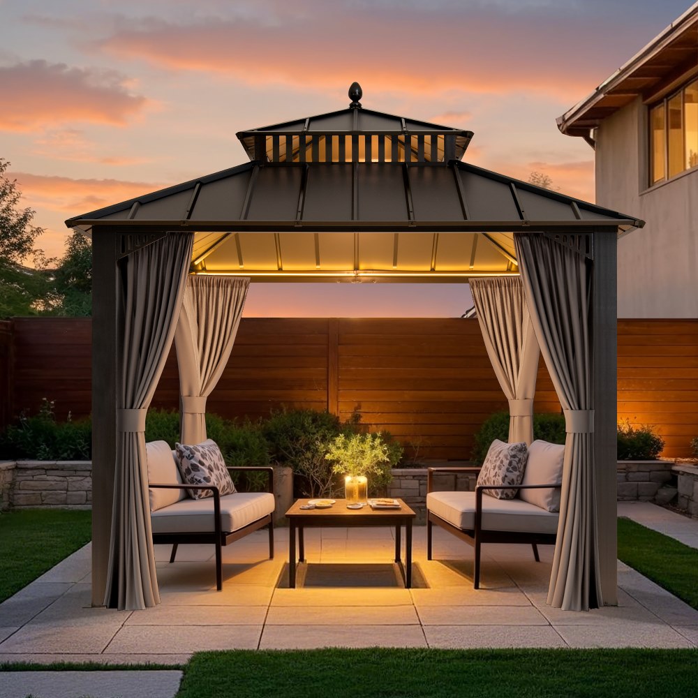 SUNJOY Kingston 10x10 Gazebo with Netting & Curtain | Steel Roof - Gray Aluminum Posts