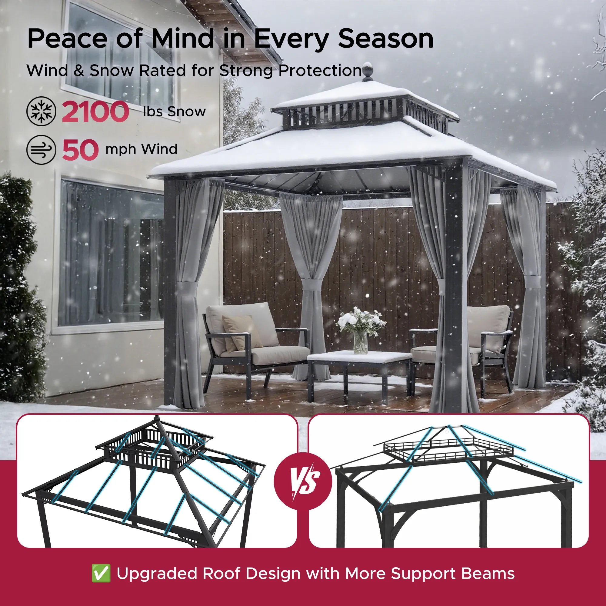 SUNJOY Kingston 10x10 Gazebo with Netting & Curtain | Steel Roof - Gray Aluminum Posts