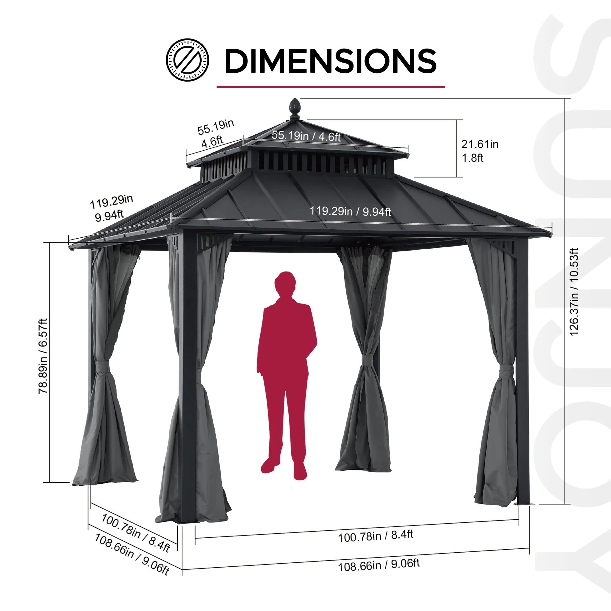 SUNJOY Kingston 10x10 Gazebo with Netting & Curtain | Steel Roof - Gray Aluminum Posts