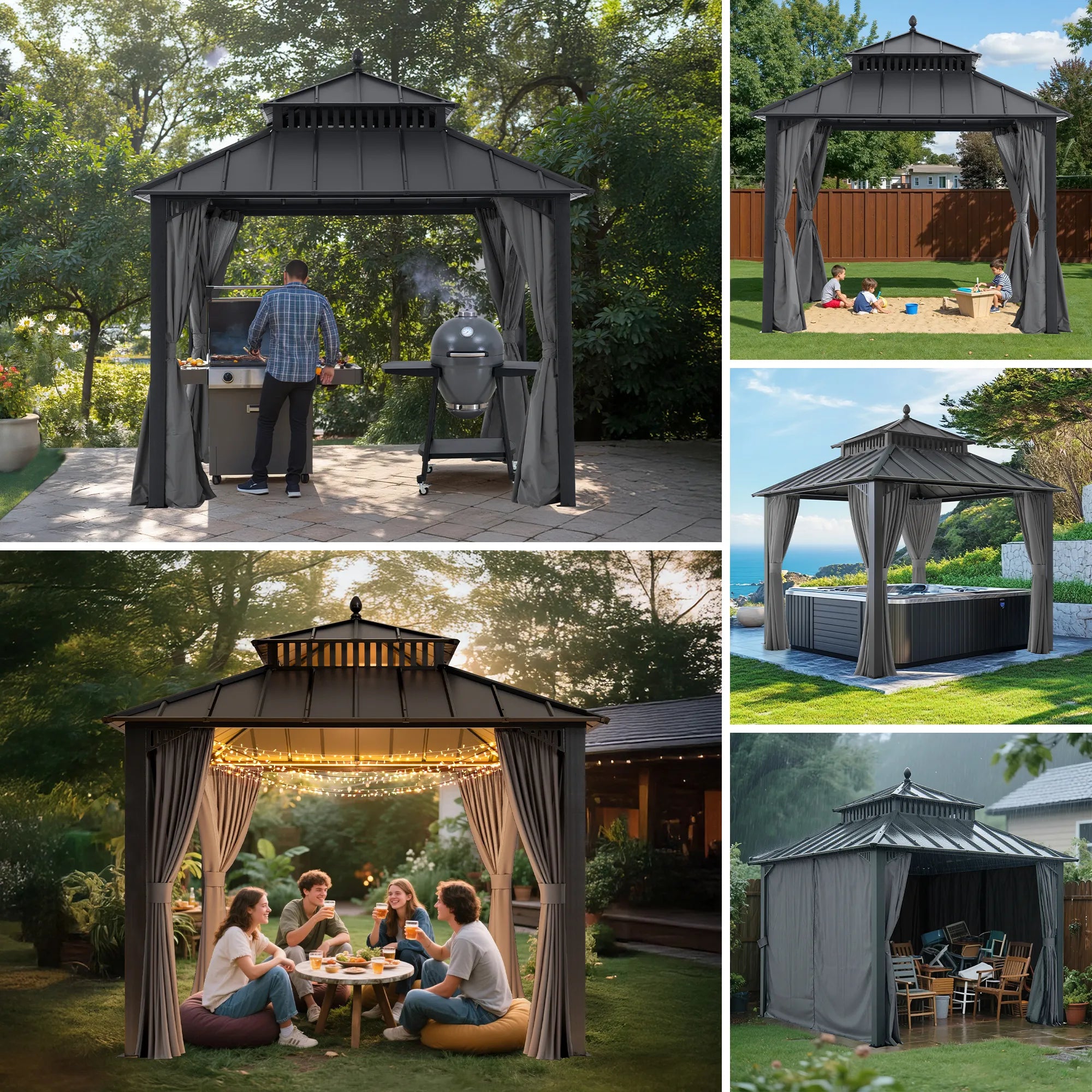 SUNJOY Kingston 10x10 Gazebo with Netting & Curtain | Steel Roof - Gray Aluminum Posts