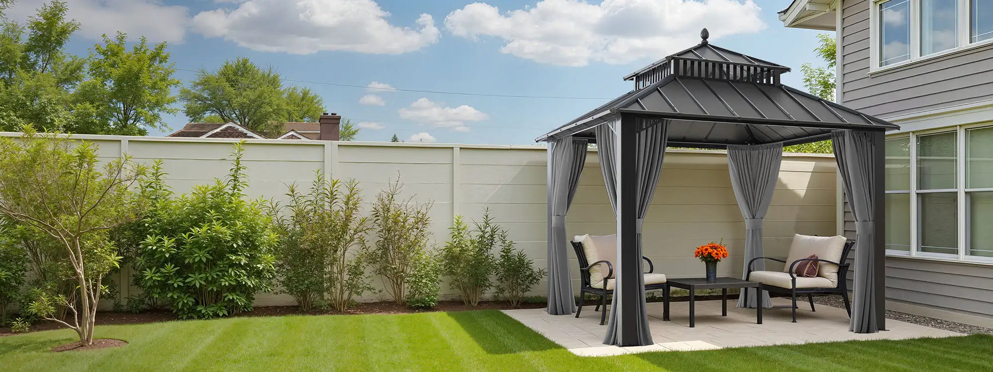 SUNJOY Kingston 10x10 Gazebo with Netting & Curtain | Steel Roof - Gray Aluminum Posts
