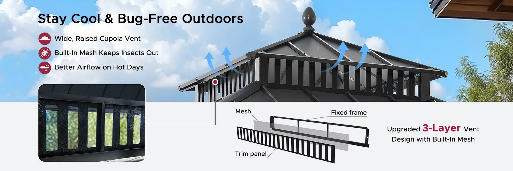 SUNJOY Kingston 10x10 Gazebo with Netting & Curtain | Steel Roof - Gray Aluminum Posts