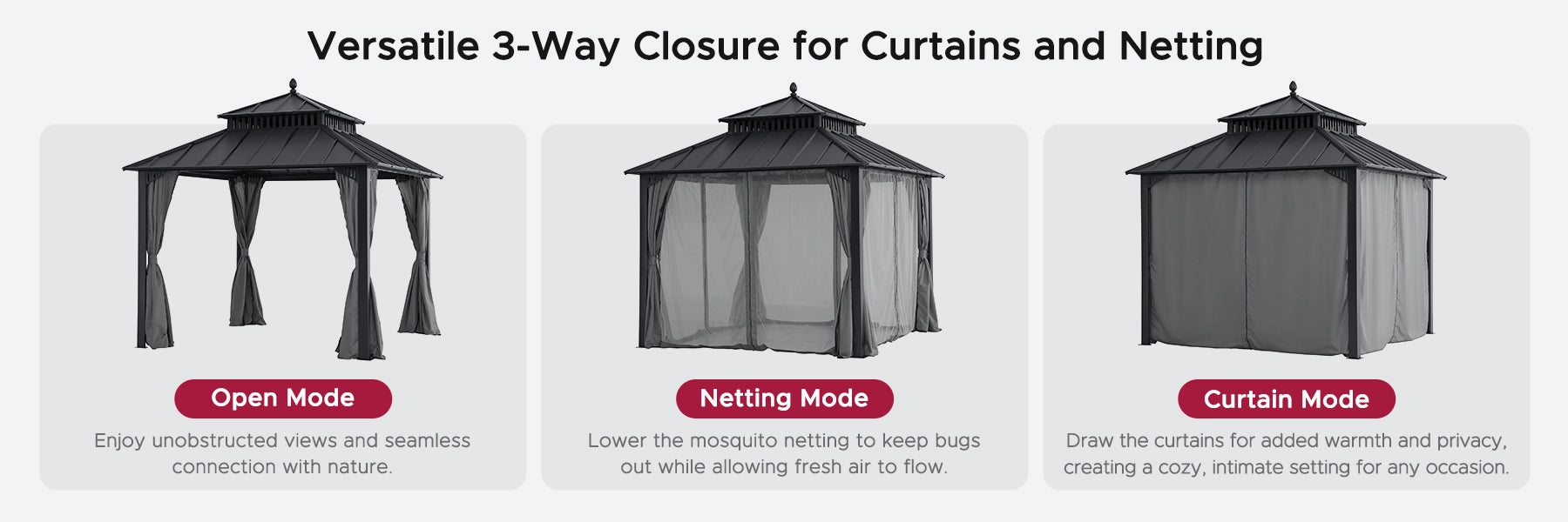 SUNJOY Kingston 10x10 Gazebo with Netting & Curtain | Steel Roof - Gray Aluminum Posts