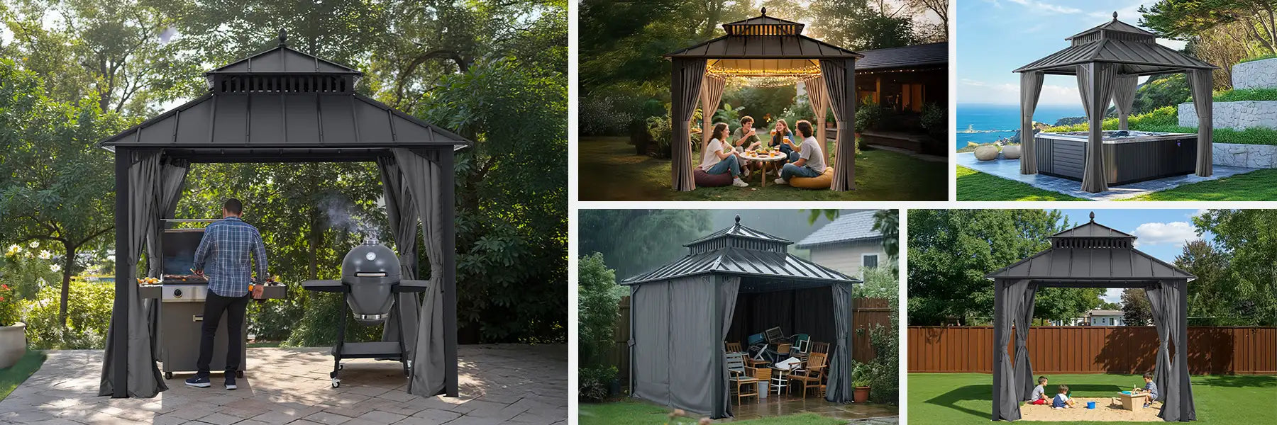 SUNJOY Kingston 10x10 Gazebo with Netting & Curtain | Steel Roof - Gray Aluminum Posts