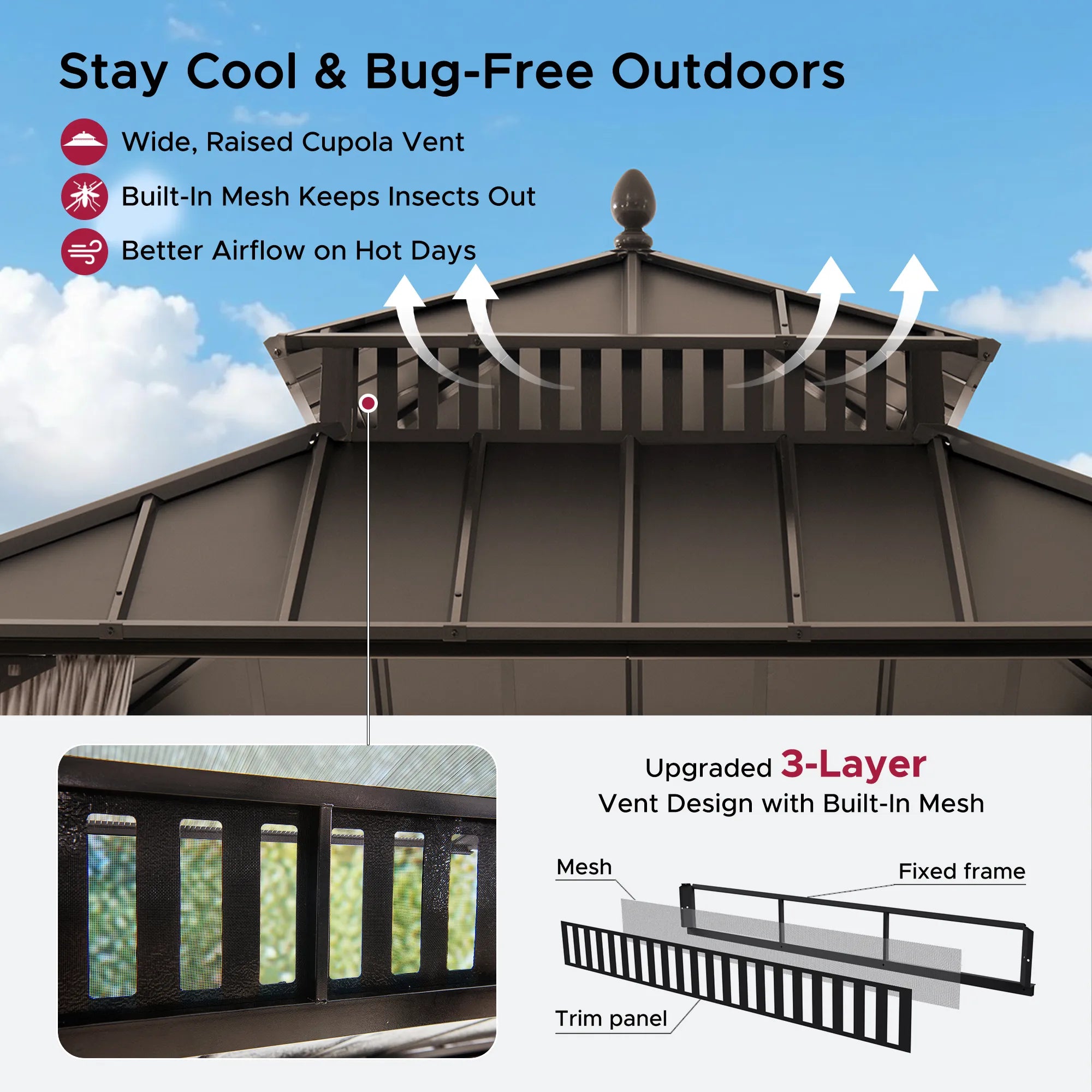 SUNJOY Kingston 10x10 Gazebo with Netting & Curtain | Steel Roof - Brown Aluminum Posts