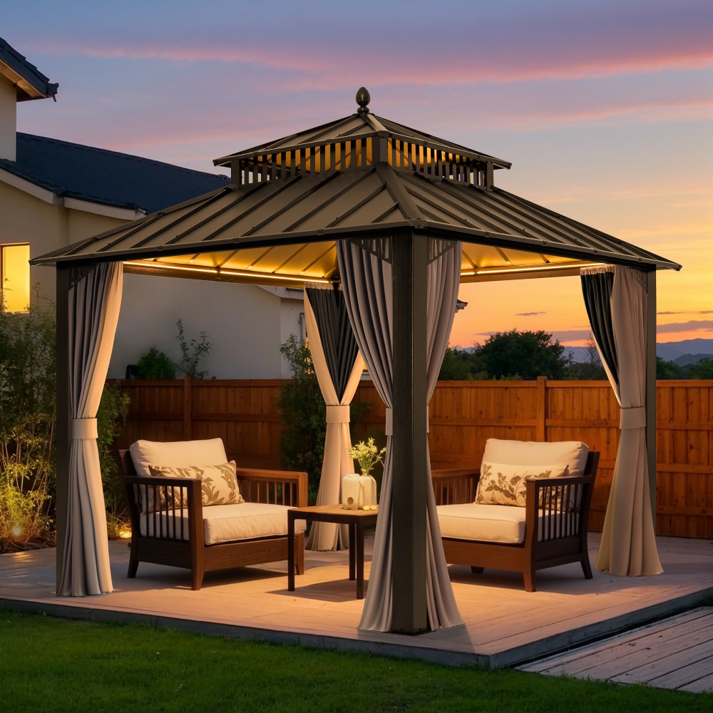 SUNJOY Kingston 10x10 Gazebo with Netting & Curtain | Steel Roof - Brown Aluminum Posts