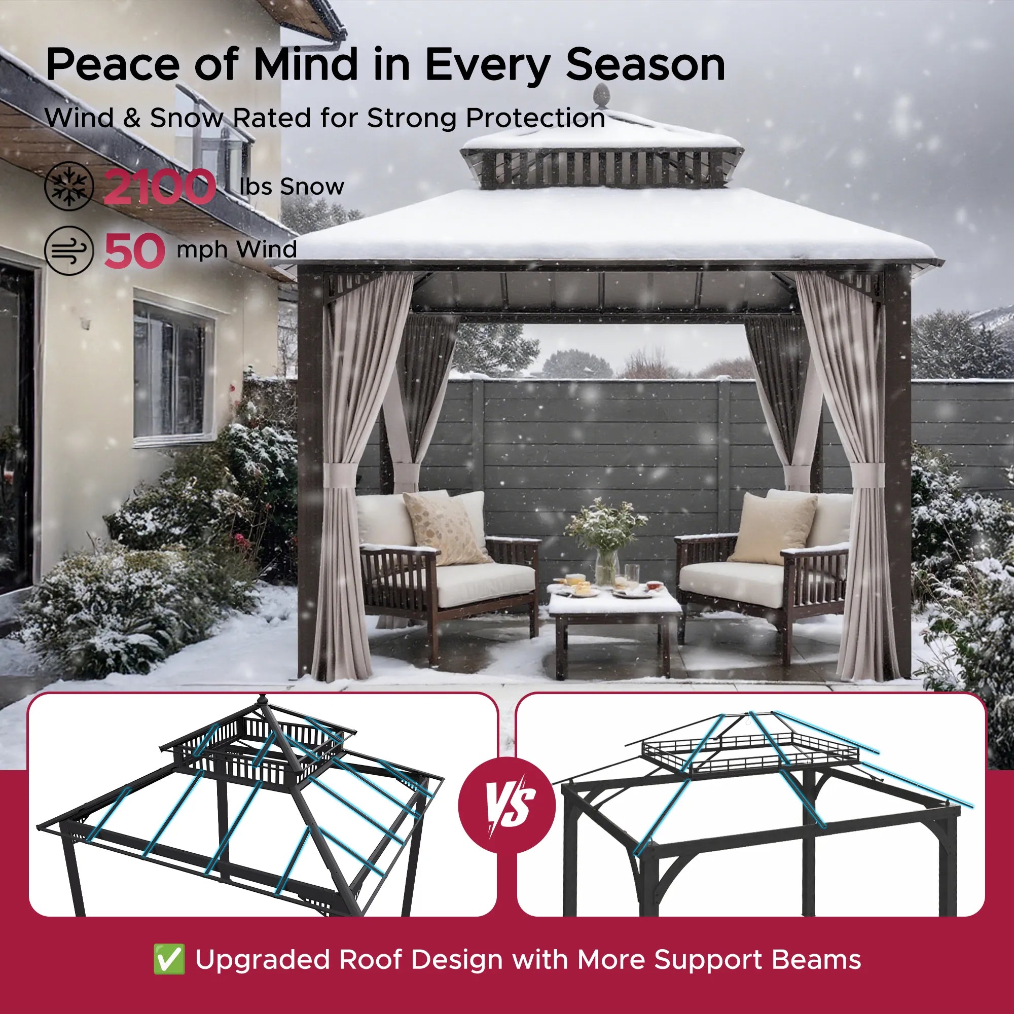 SUNJOY Kingston 10x10 Gazebo with Netting & Curtain | Steel Roof - Brown Aluminum Posts