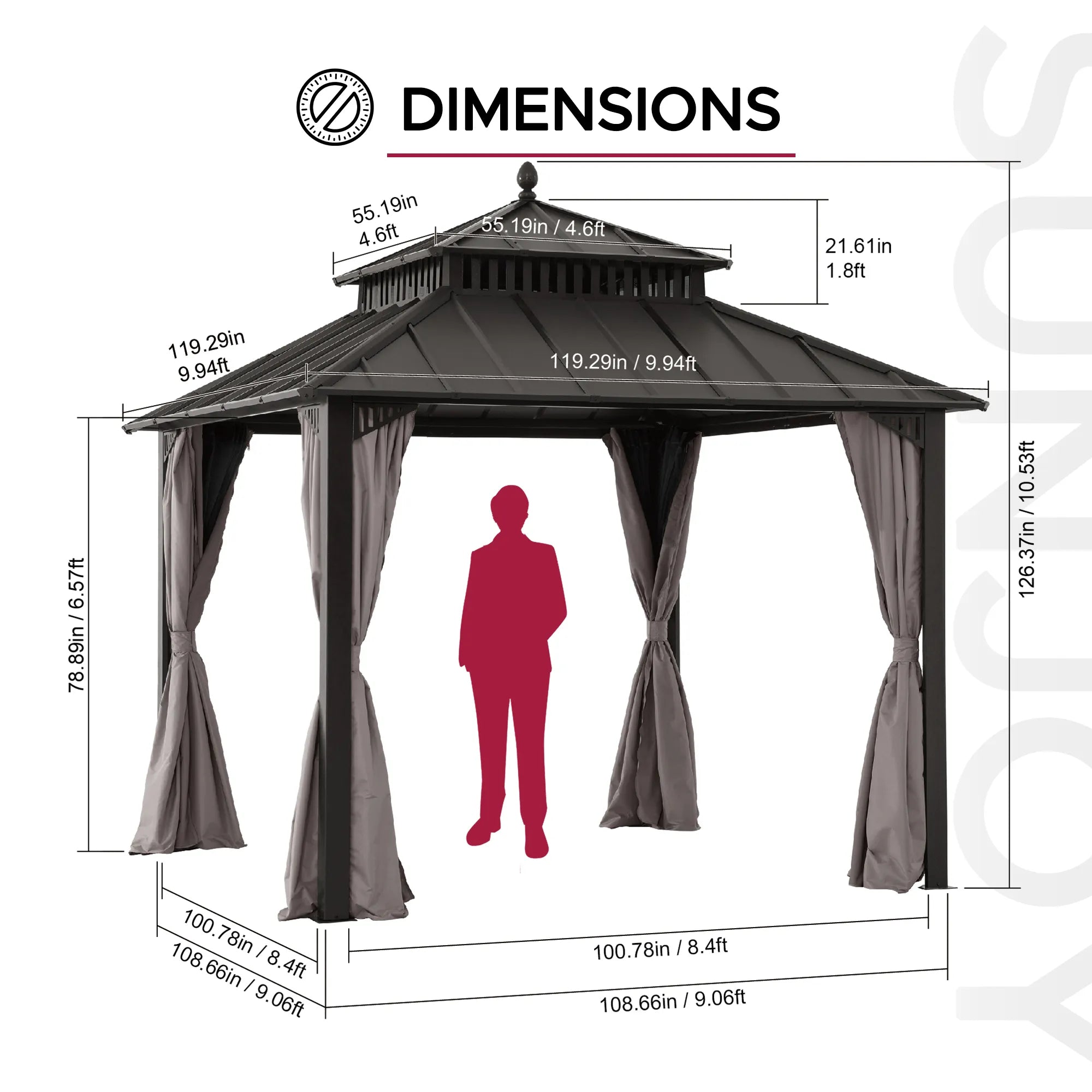 SUNJOY Kingston 10x10 Gazebo with Netting & Curtain | Steel Roof - Brown Aluminum Posts
