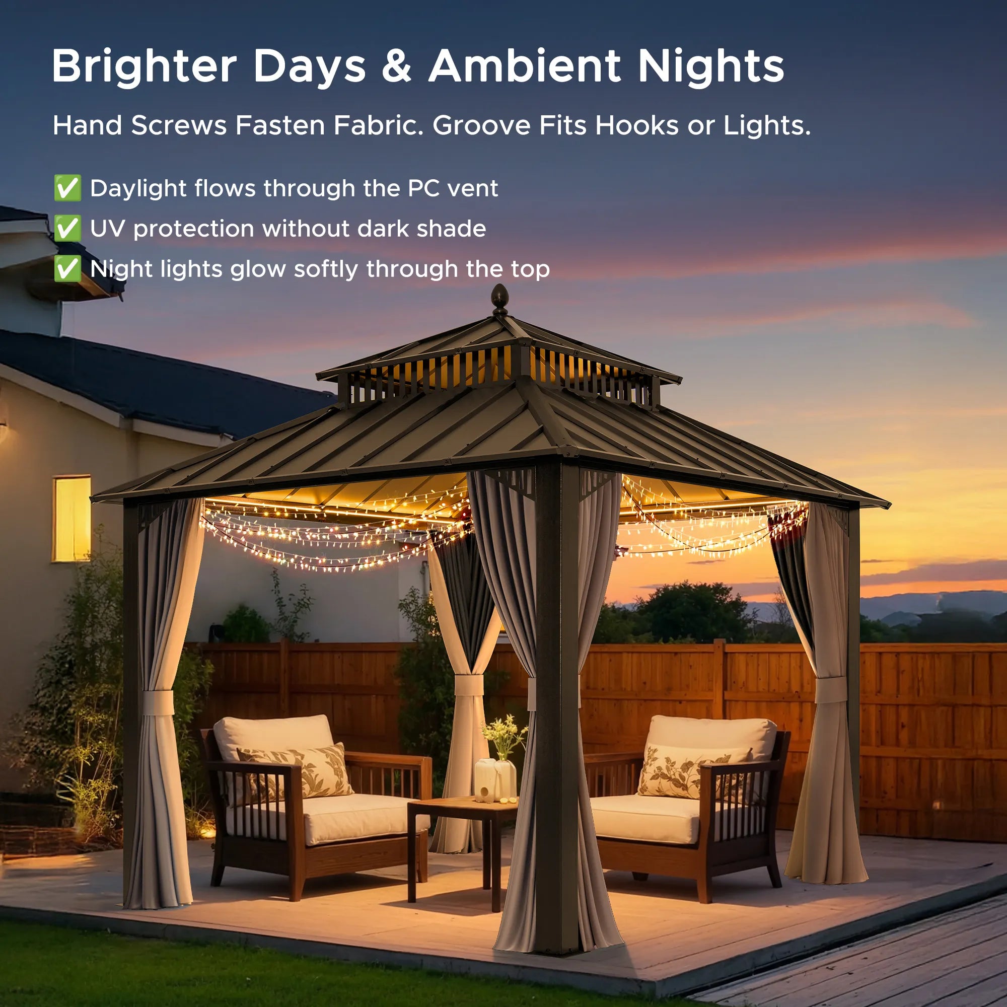 SUNJOY Kingston 10x10 Gazebo with Netting & Curtain | Steel Roof - Brown Aluminum Posts