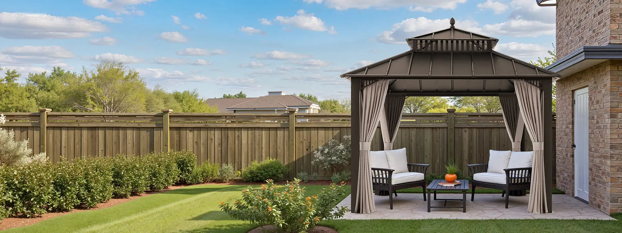 SUNJOY Kingston 10x10 Gazebo with Netting & Curtain | Steel Roof - Brown Aluminum Posts