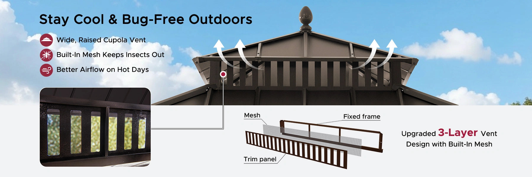 SUNJOY Kingston 10x10 Gazebo with Netting & Curtain | Steel Roof - Brown Aluminum Posts