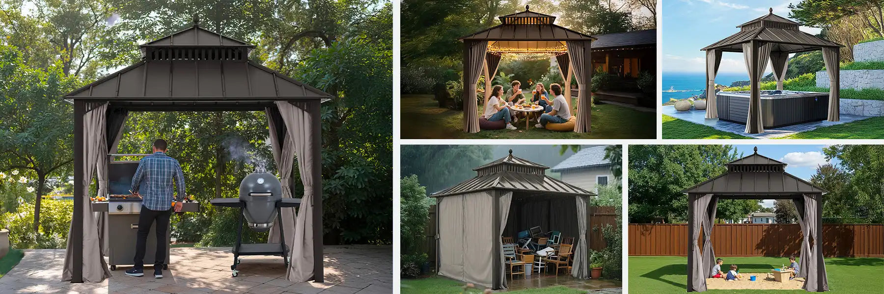 SUNJOY Kingston 10x10 Gazebo with Netting & Curtain | Steel Roof - Brown Aluminum Posts
