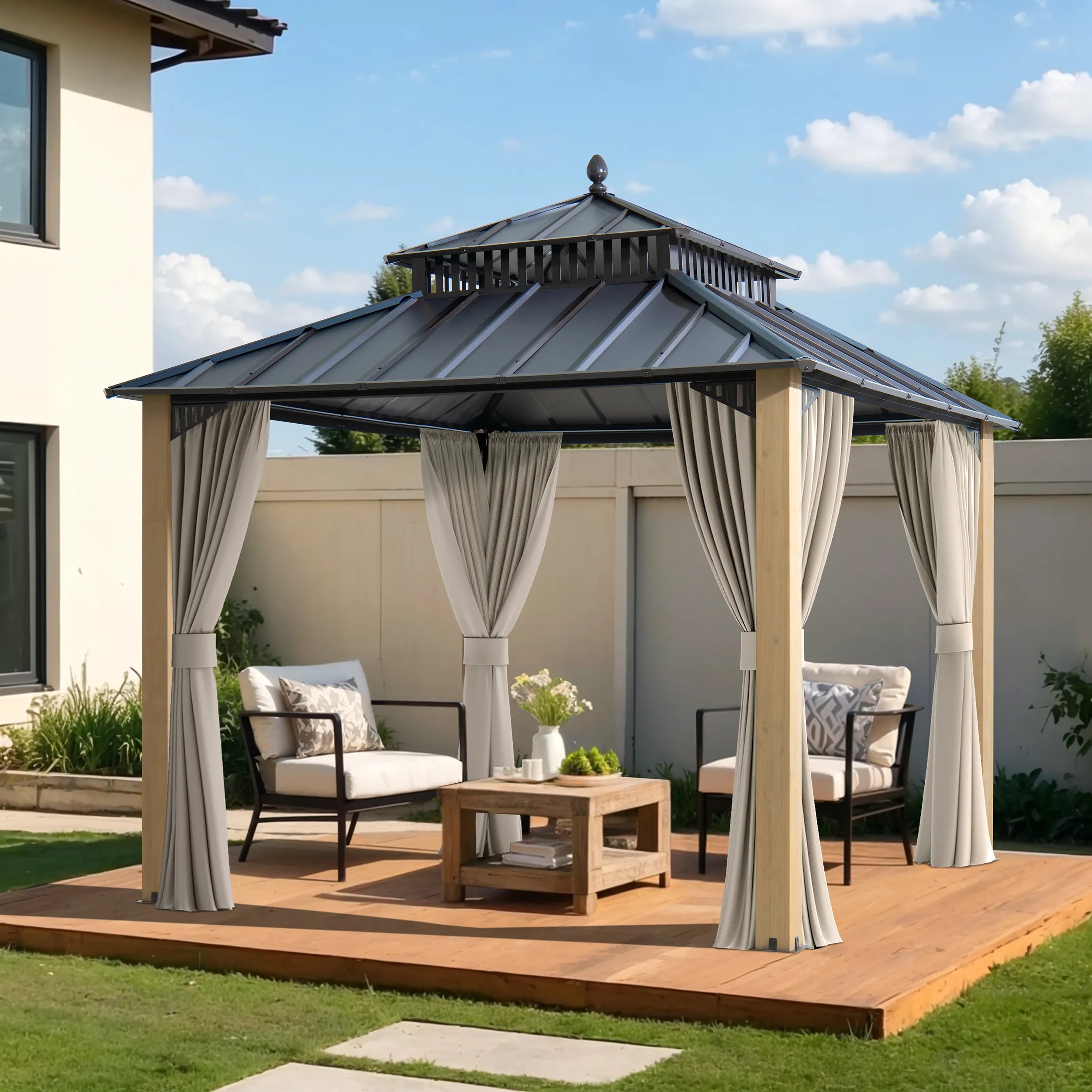 SUNJOY Kingston 10x10 Gazebo with Netting & Curtain | Steel Roof with Extra-Tall & Oversized Vent Top - Cedar Wood Posts
