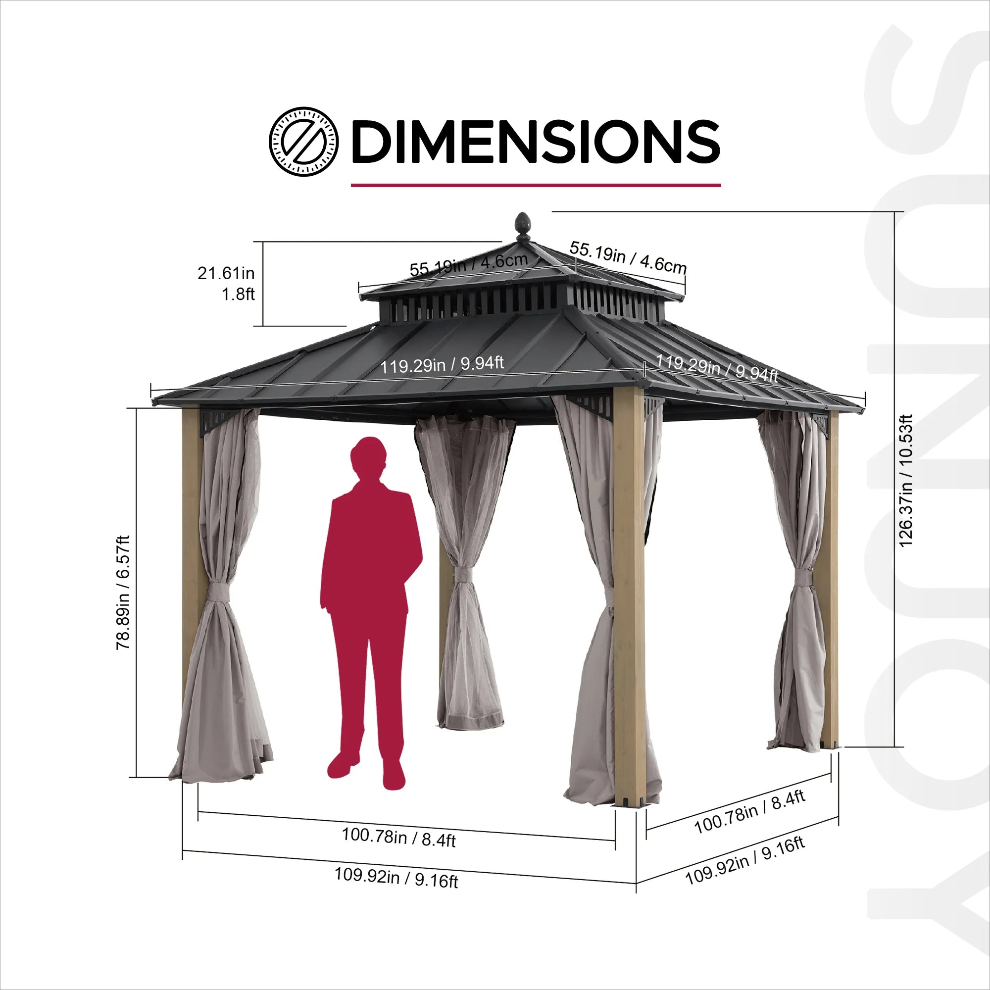 SUNJOY Kingston 10x10 Gazebo with Netting & Curtain | Steel Roof with Extra-Tall & Oversized Vent Top - Cedar Wood Posts