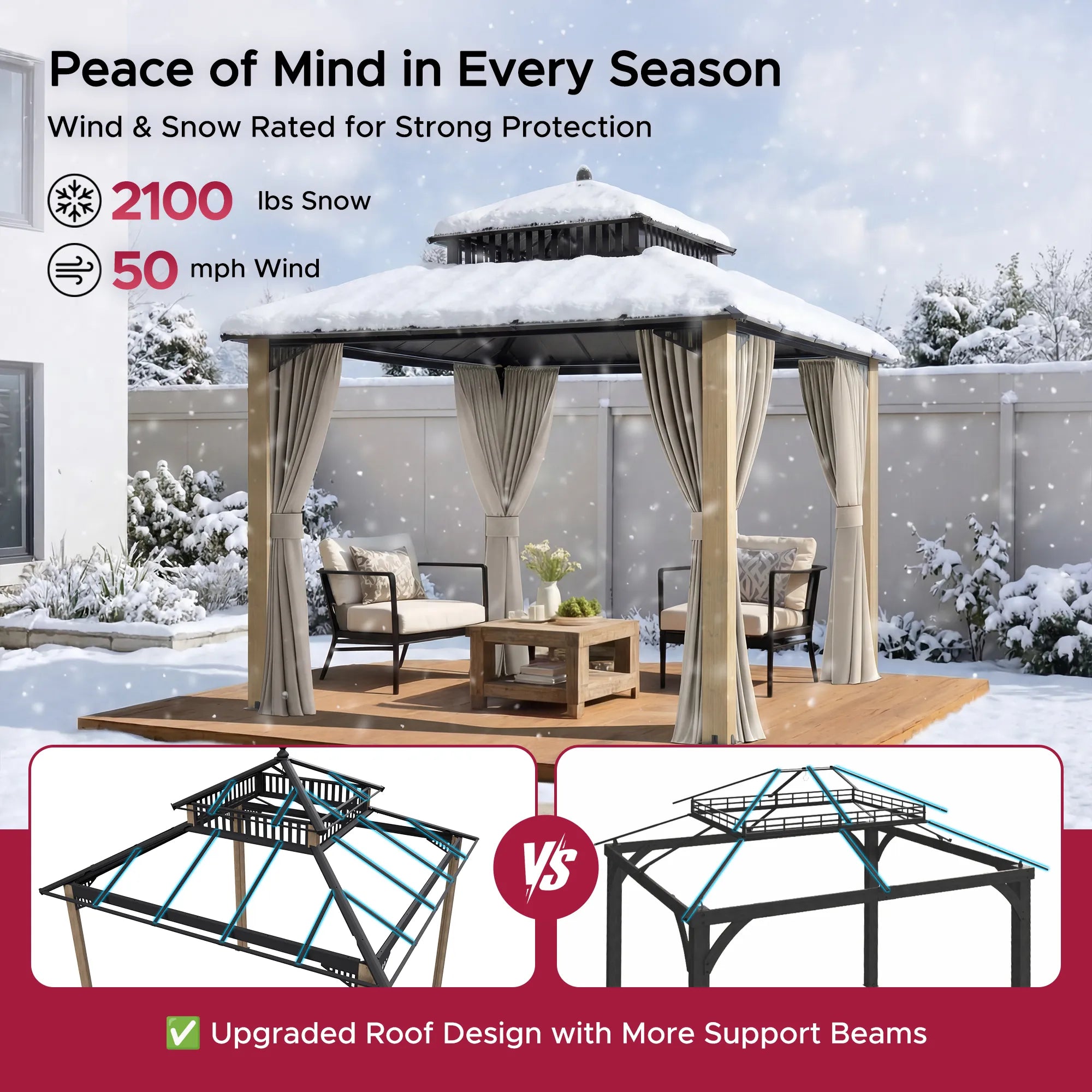 SUNJOY Kingston 10x10 Gazebo with Netting & Curtain | Steel Roof with Extra-Tall & Oversized Vent Top - Cedar Wood Posts