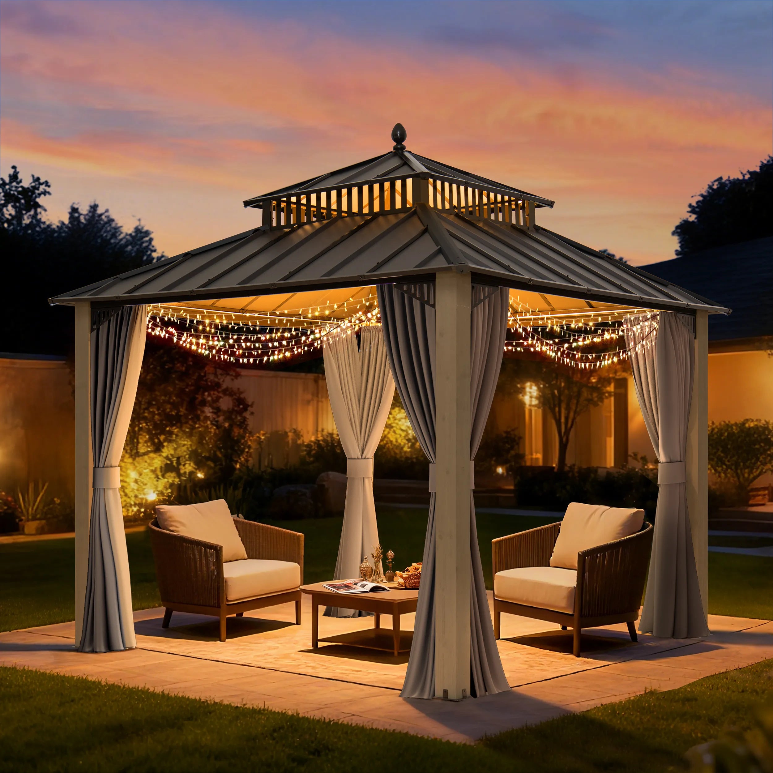 SUNJOY Kingston 10x10 Gazebo with Netting & Curtain | Steel Roof with Extra-Tall & Oversized Vent Top - Cedar Wood Posts