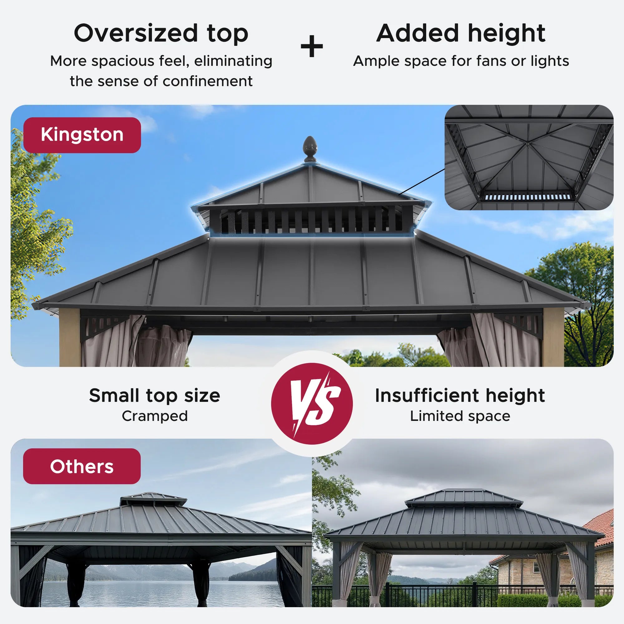 SUNJOY Kingston 10x10 Gazebo with Netting & Curtain | Steel Roof with Extra-Tall & Oversized Vent Top - Cedar Wood Posts