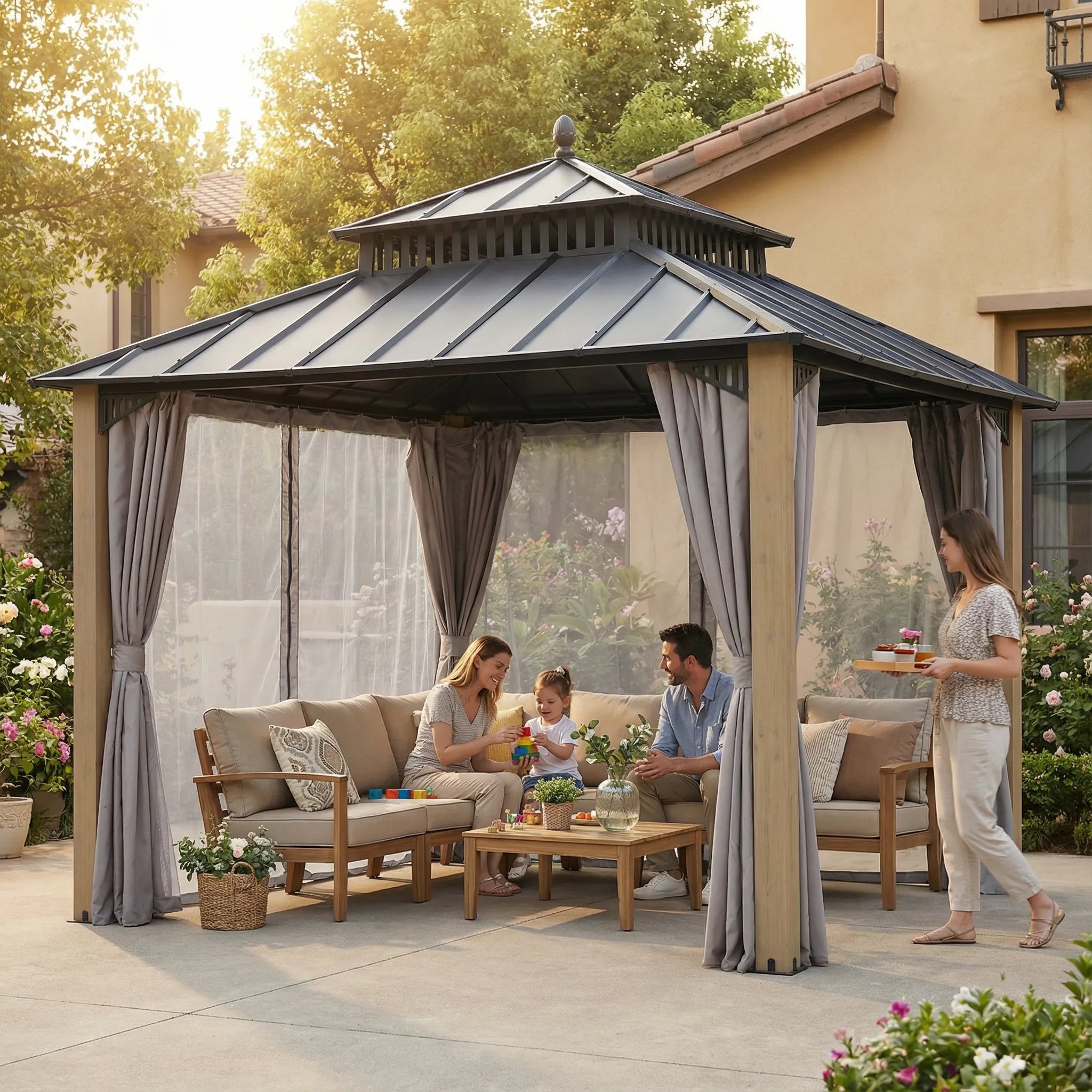SUNJOY Kingston 10x10 Gazebo with Netting & Curtain | Steel Roof with Extra-Tall & Oversized Vent Top - Cedar Wood Posts