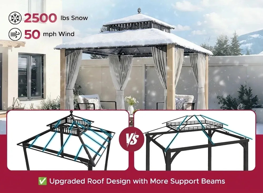 SUNJOY Kingston 10x10 Gazebo with Netting & Curtain | Steel Roof with Extra-Tall & Oversized Vent Top - Cedar Wood Posts