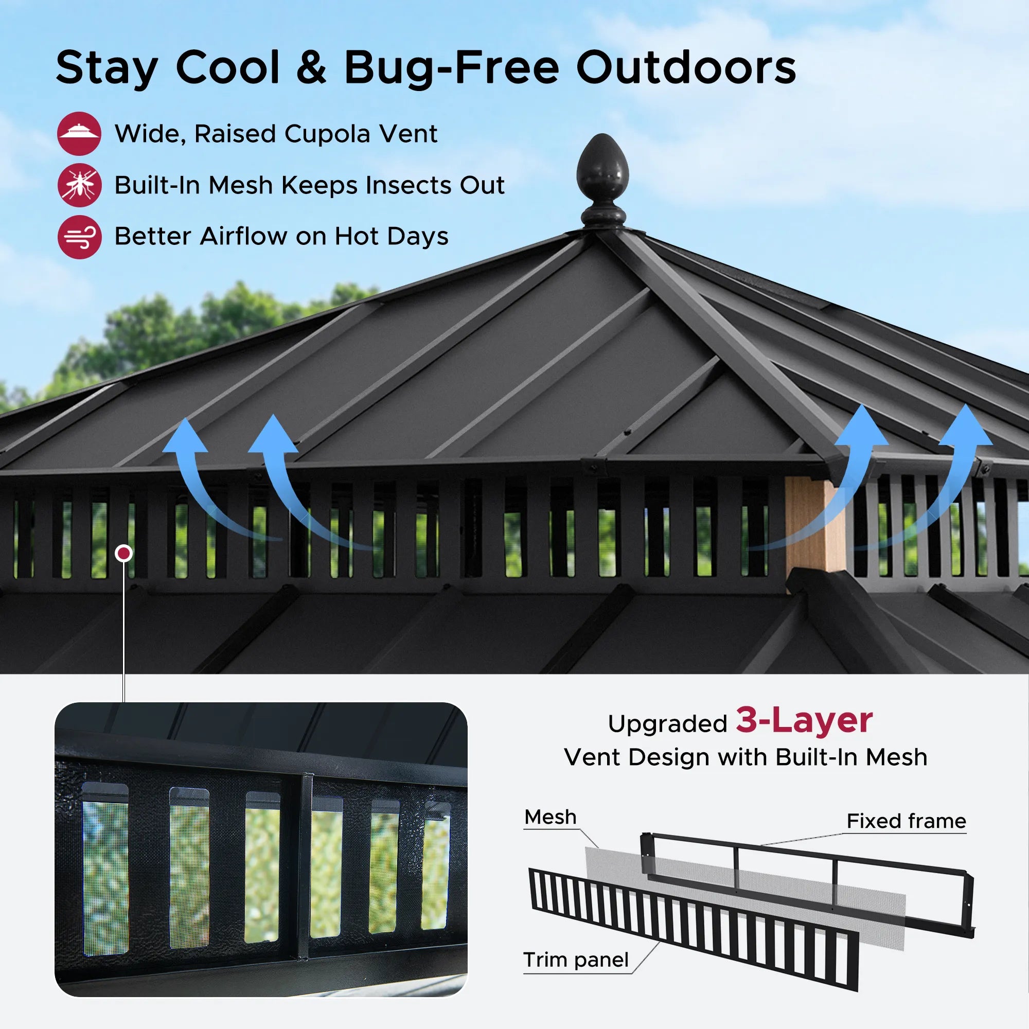 SUNJOY Kingston 12x12 Gazebo with Netting & Curtain | Steel Roof - Woodgrain Aluminum Posts