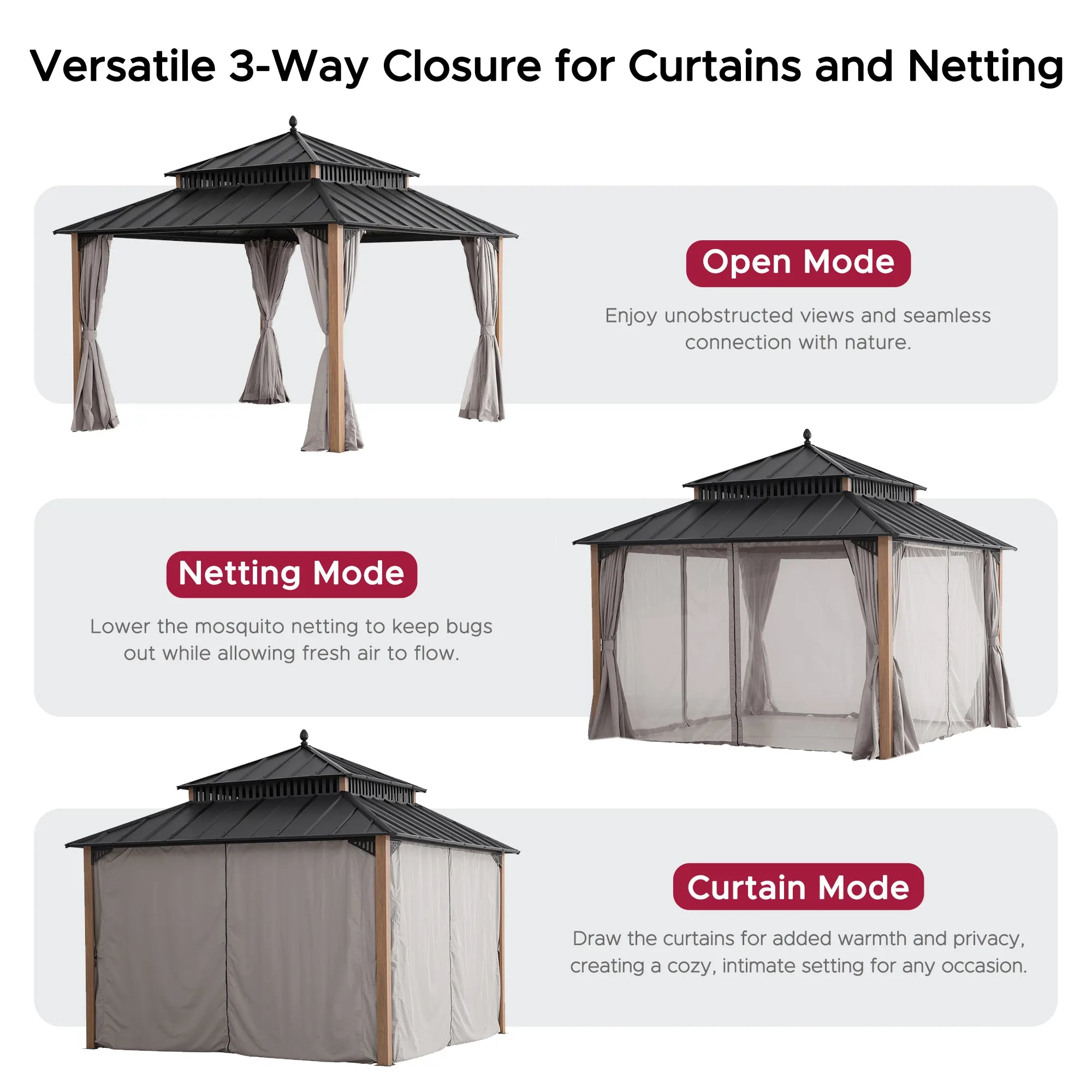 SUNJOY Kingston 12x12 Gazebo with Netting & Curtain | Steel Roof - Woodgrain Aluminum Posts