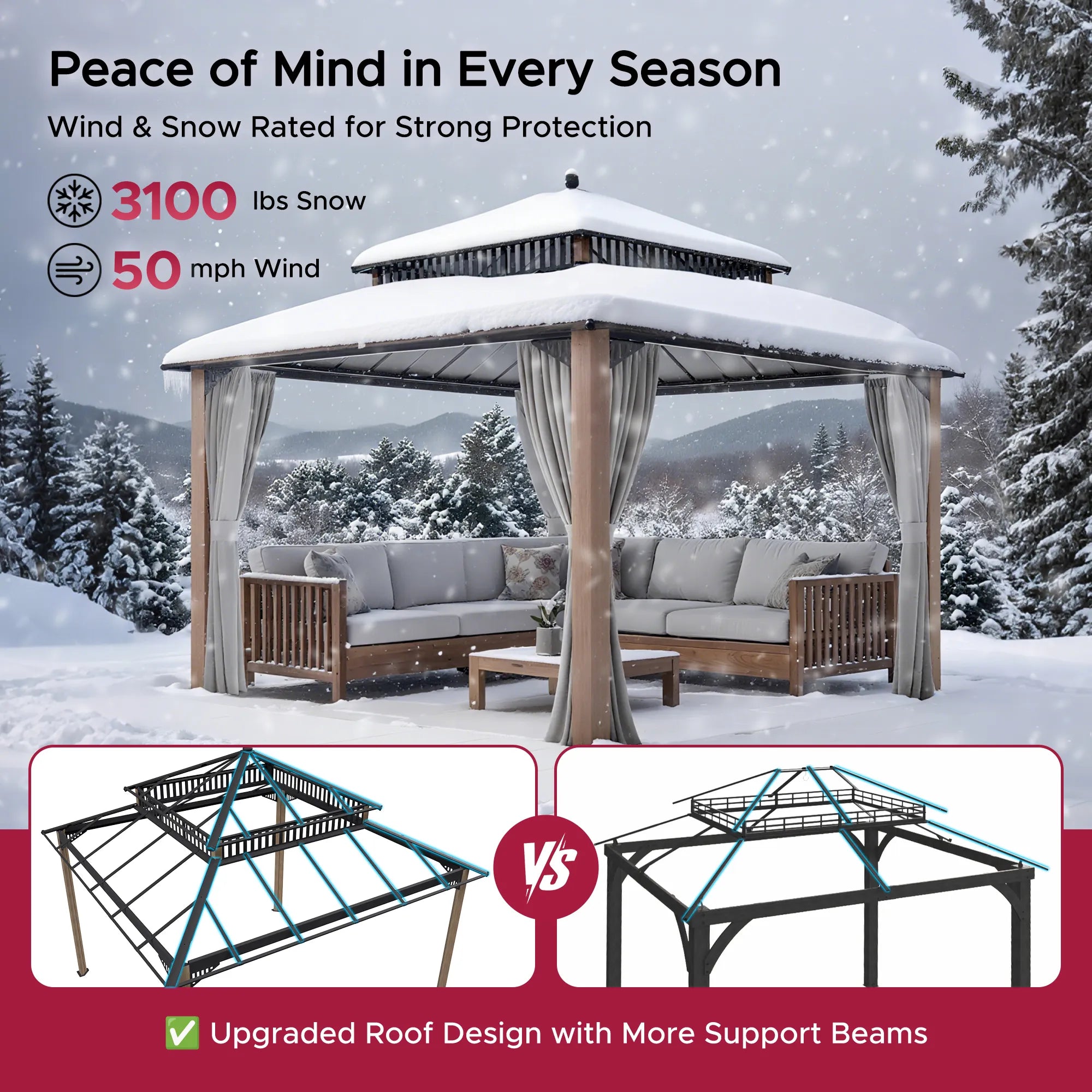 SUNJOY Kingston 12x12 Gazebo with Netting & Curtain | Steel Roof - Woodgrain Aluminum Posts