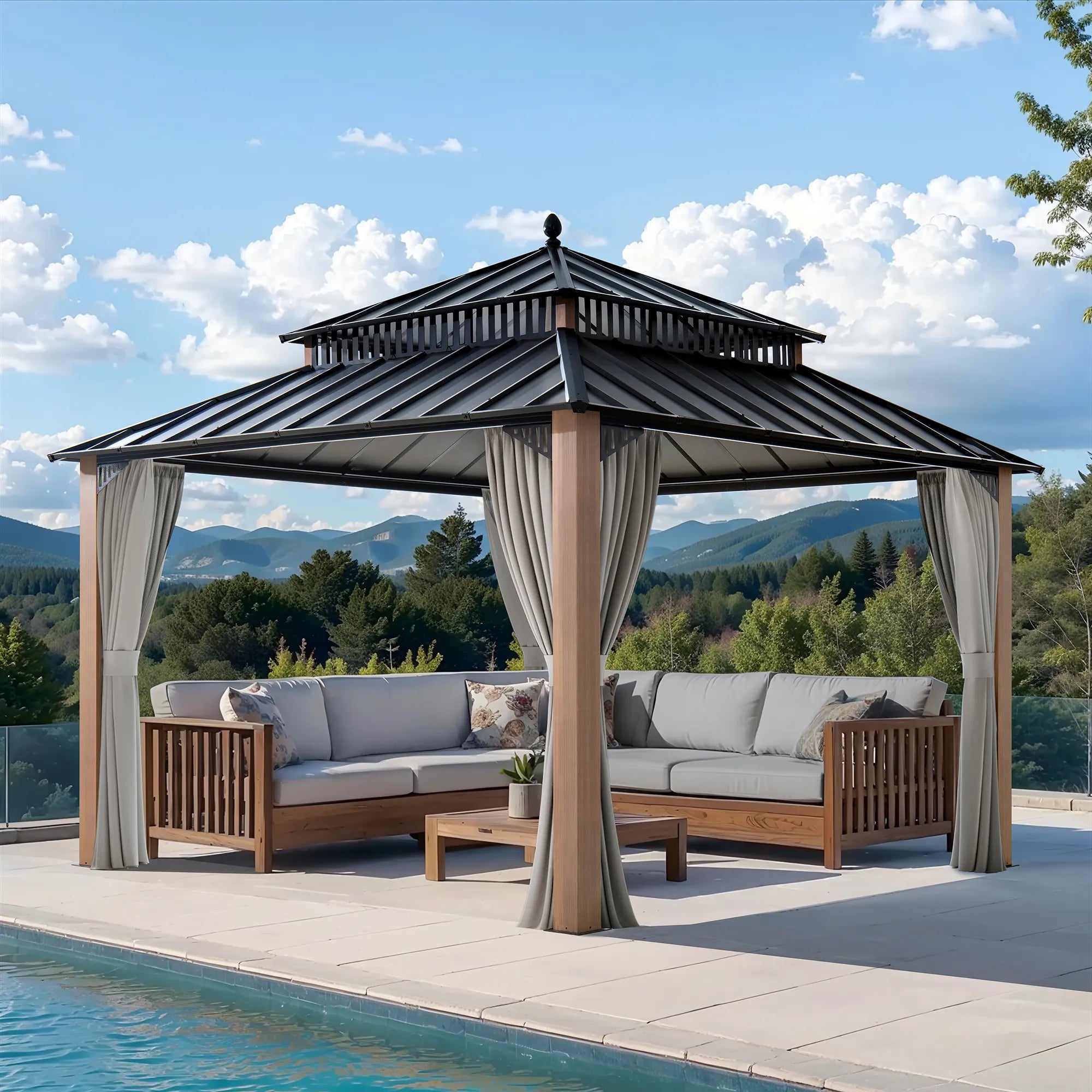SUNJOY Kingston 12x12 Gazebo with Netting & Curtain | Steel Roof - Woodgrain Aluminum Posts