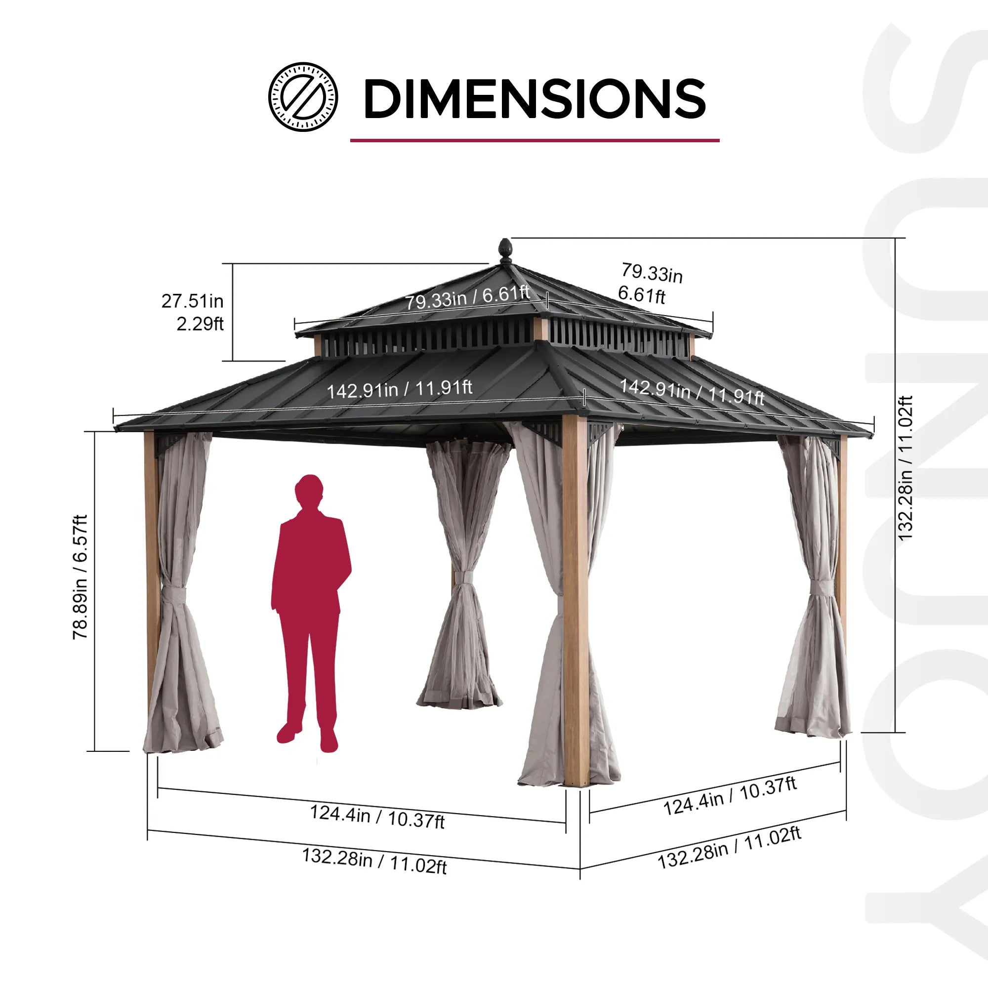 SUNJOY Kingston 12x12 Gazebo with Netting & Curtain | Steel Roof - Woodgrain Aluminum Posts