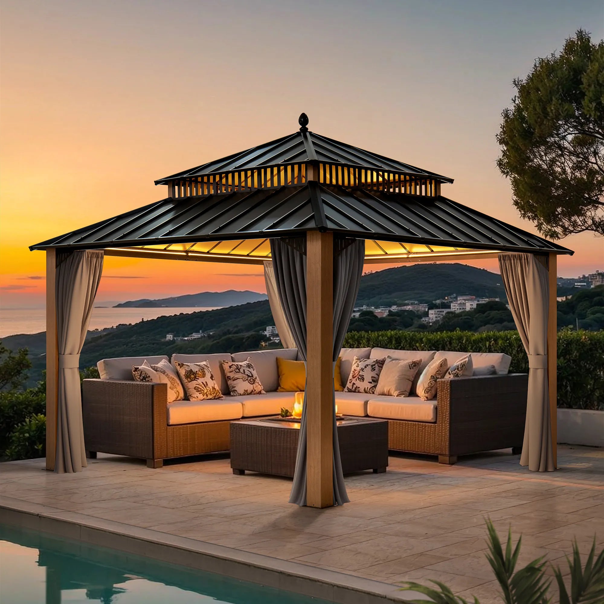 SUNJOY Kingston 12x12 Gazebo with Netting & Curtain | Steel Roof - Woodgrain Aluminum Posts