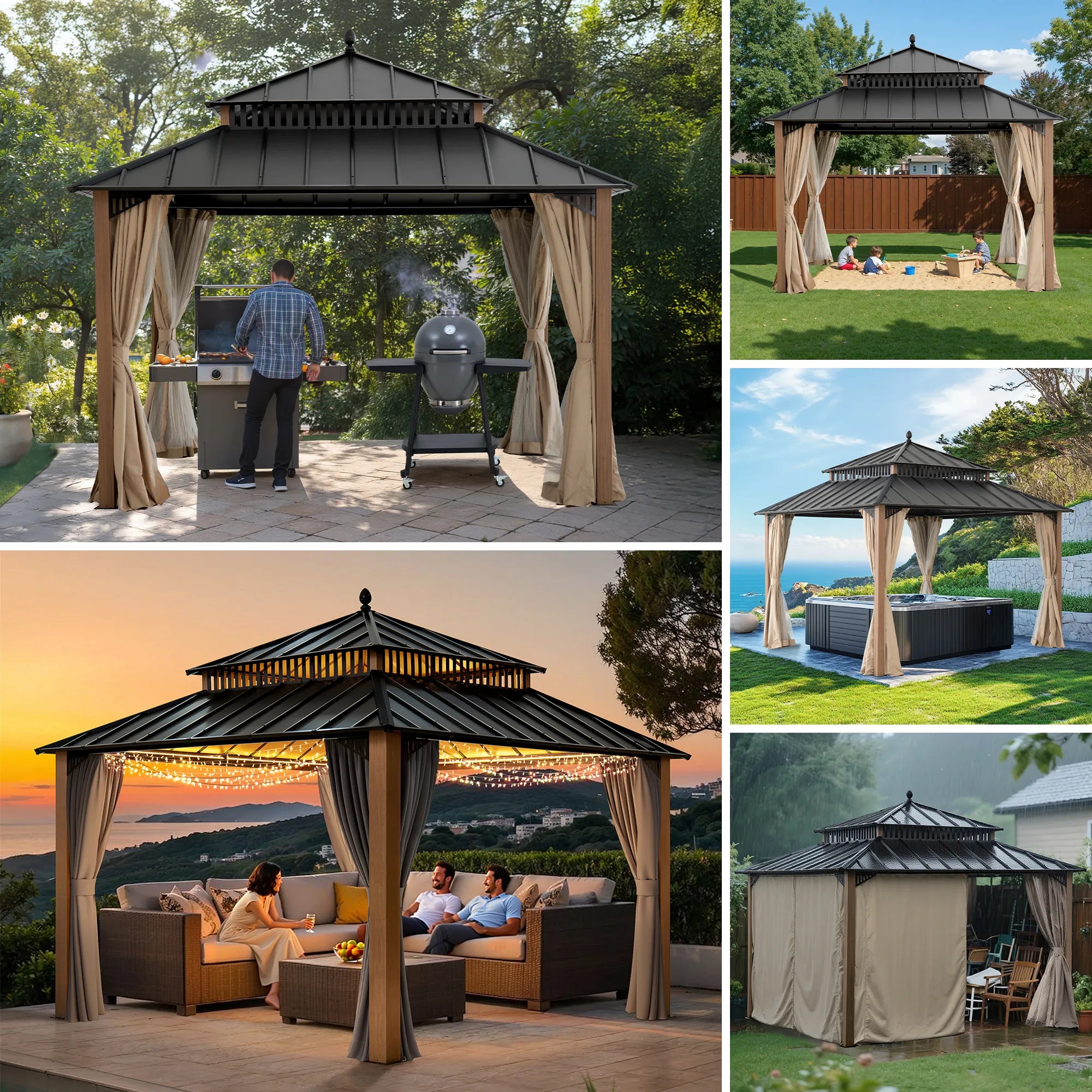 SUNJOY Kingston 12x12 Gazebo with Netting & Curtain | Steel Roof - Woodgrain Aluminum Posts