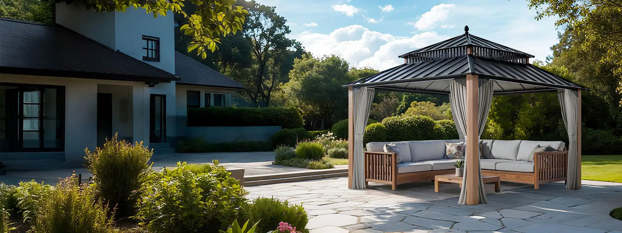 SUNJOY Kingston 12x12 Gazebo with Netting & Curtain | Steel Roof - Woodgrain Aluminum Posts