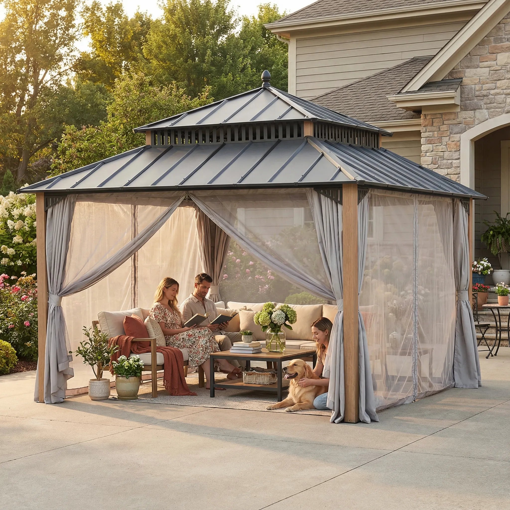 SUNJOY Kingston 12x12 Gazebo with Netting & Curtain | Steel Roof with Extra-Tall & Oversized Vent Top - Woodgrain Aluminum Posts