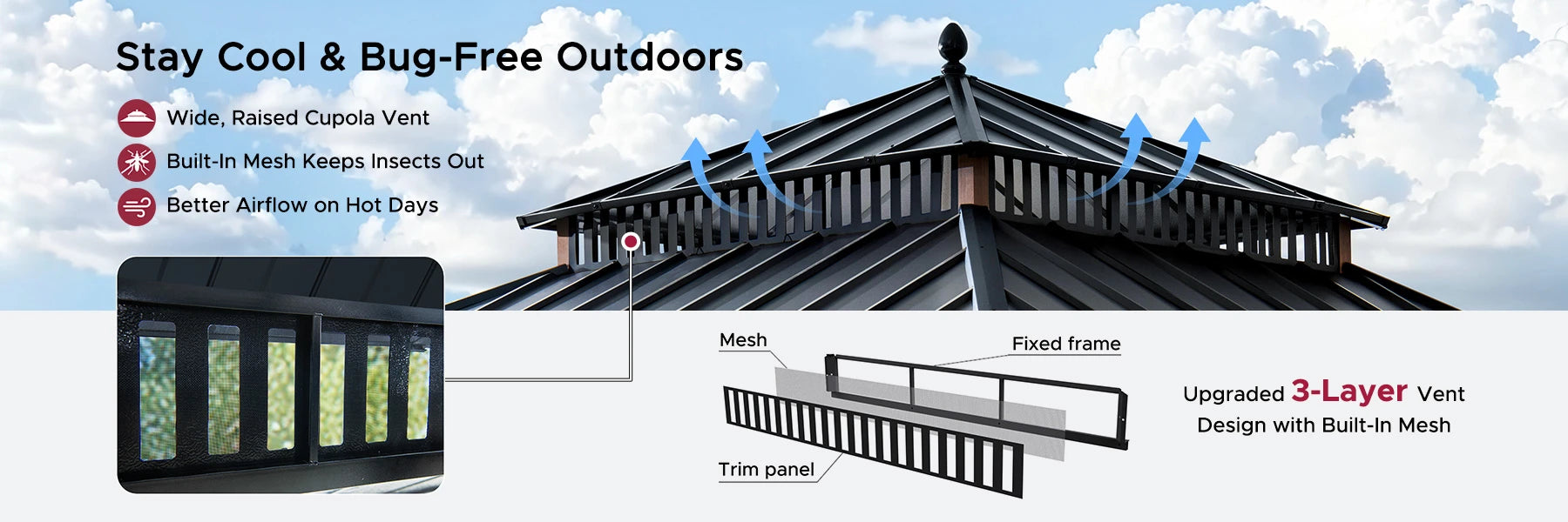 SUNJOY Kingston 12x12 Gazebo with Netting & Curtain | Steel Roof - Woodgrain Aluminum Posts