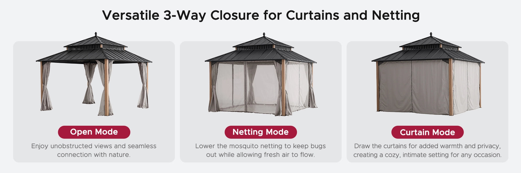 SUNJOY Kingston 12x12 Gazebo with Netting & Curtain | Steel Roof - Woodgrain Aluminum Posts